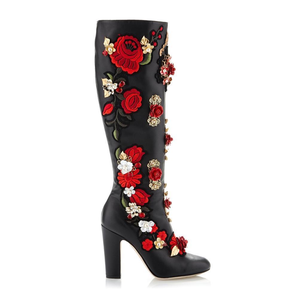 NEW Dolce & Gabbana Rose Embroidered High Nappa Boot IT38 US7.5 2