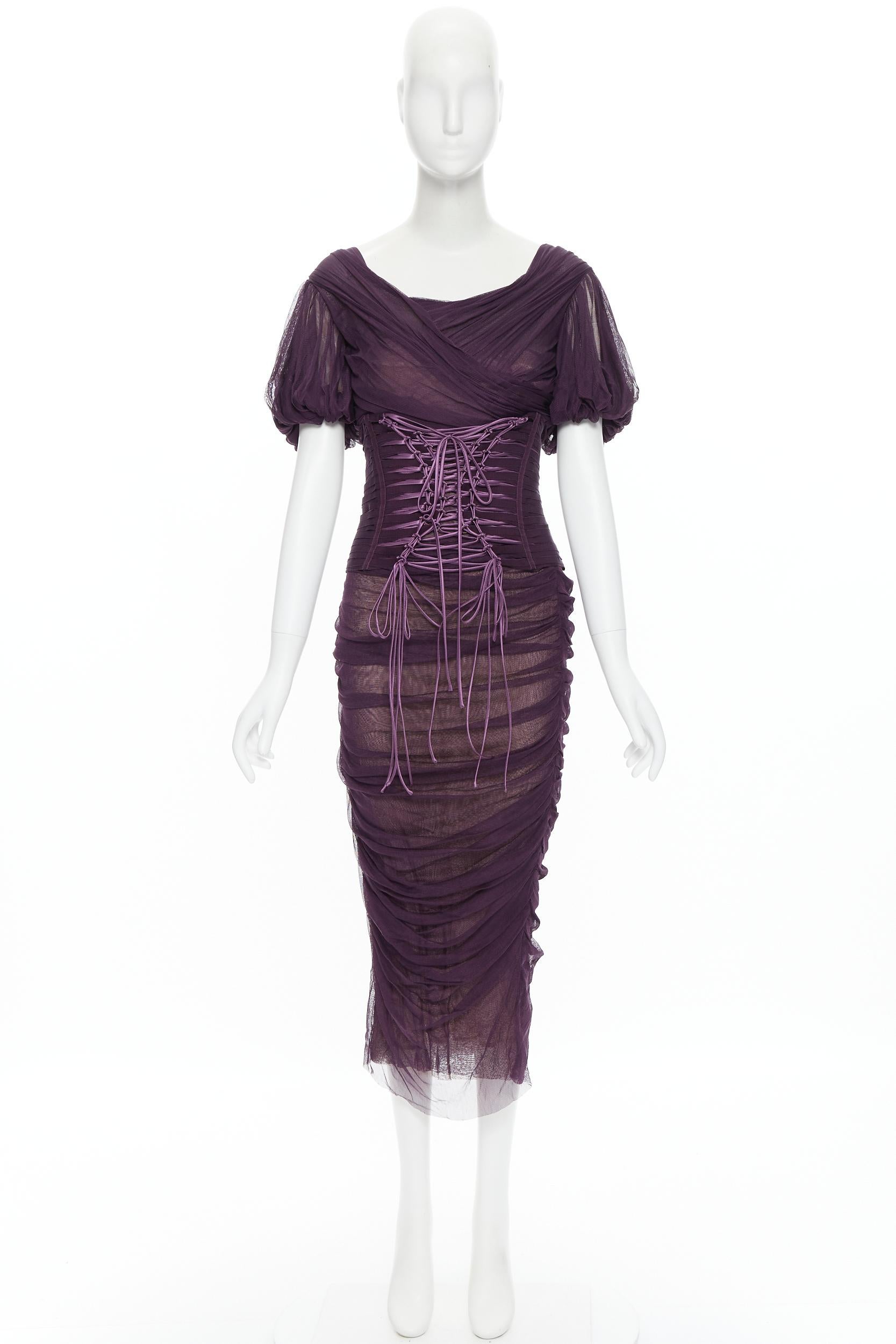 new DOLCE GABBANA Runway 2014 purple laced corset ruched silk dress IT48 XL 6