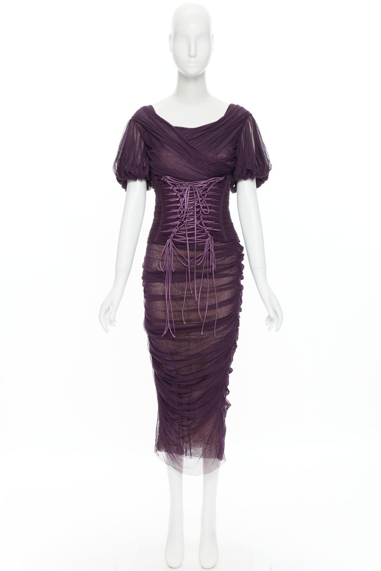 new DOLCE GABBANA Runway 2014 purple laced corset ruched silk dress IT48 XL  at 1stDibs