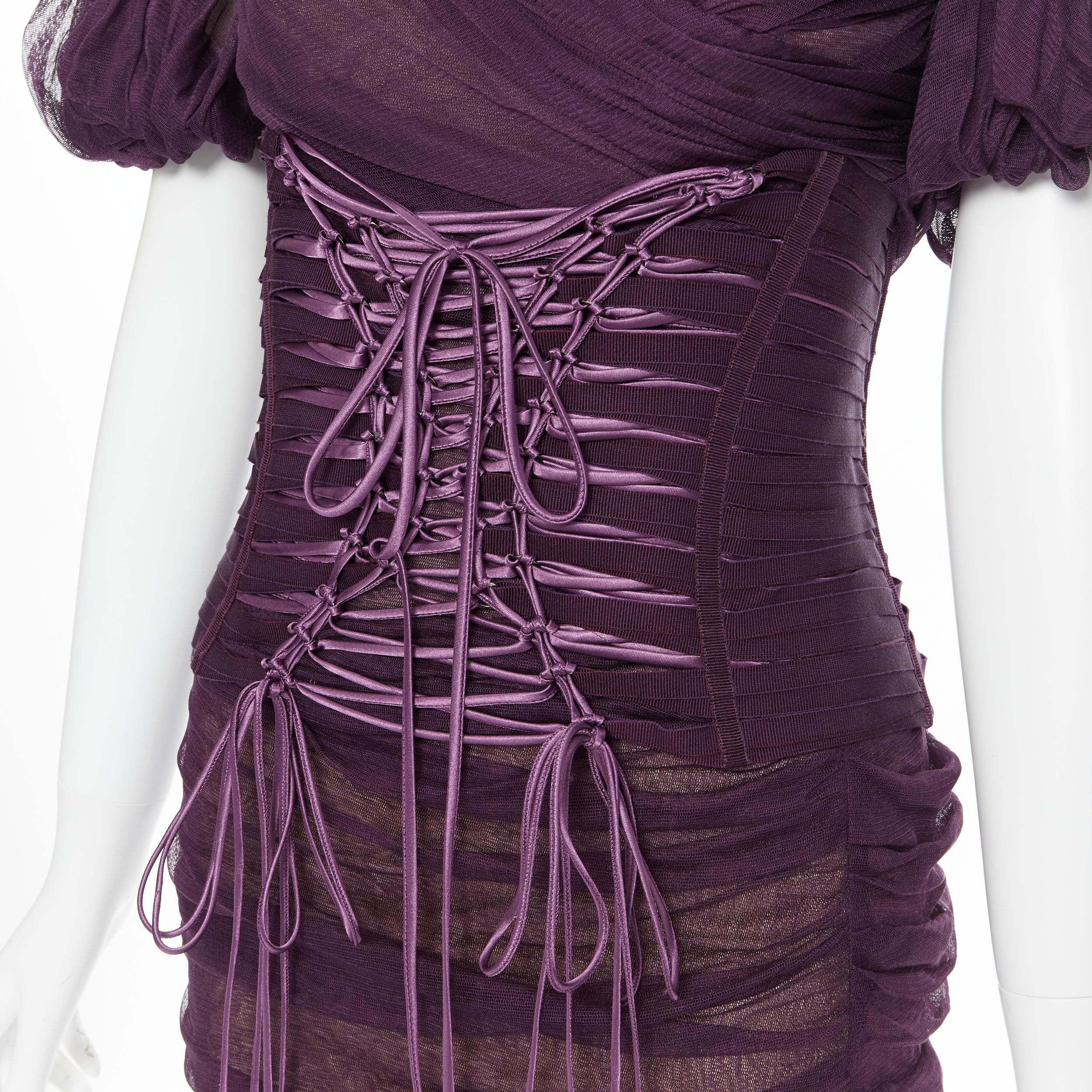 new DOLCE GABBANA Runway 2014 purple laced corset ruched silk dress IT48 XL Reference: GIYG/A00027 
Brand: Dolce Gabbana 
Collection: Fall Winter 2014 Runway 
Material: Silk 
Color: Purple 
Pattern: Solid 
Closure: Zip 
Extra Detail: Scoop neckline.