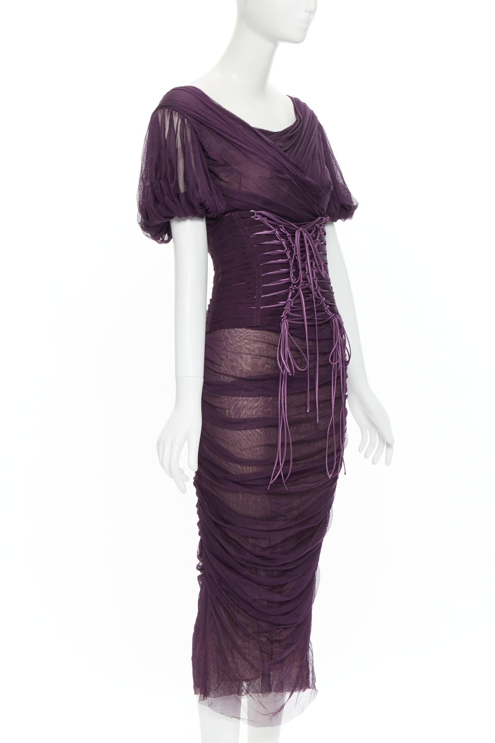 Black new DOLCE GABBANA Runway 2014 purple laced corset ruched silk dress IT48 XL