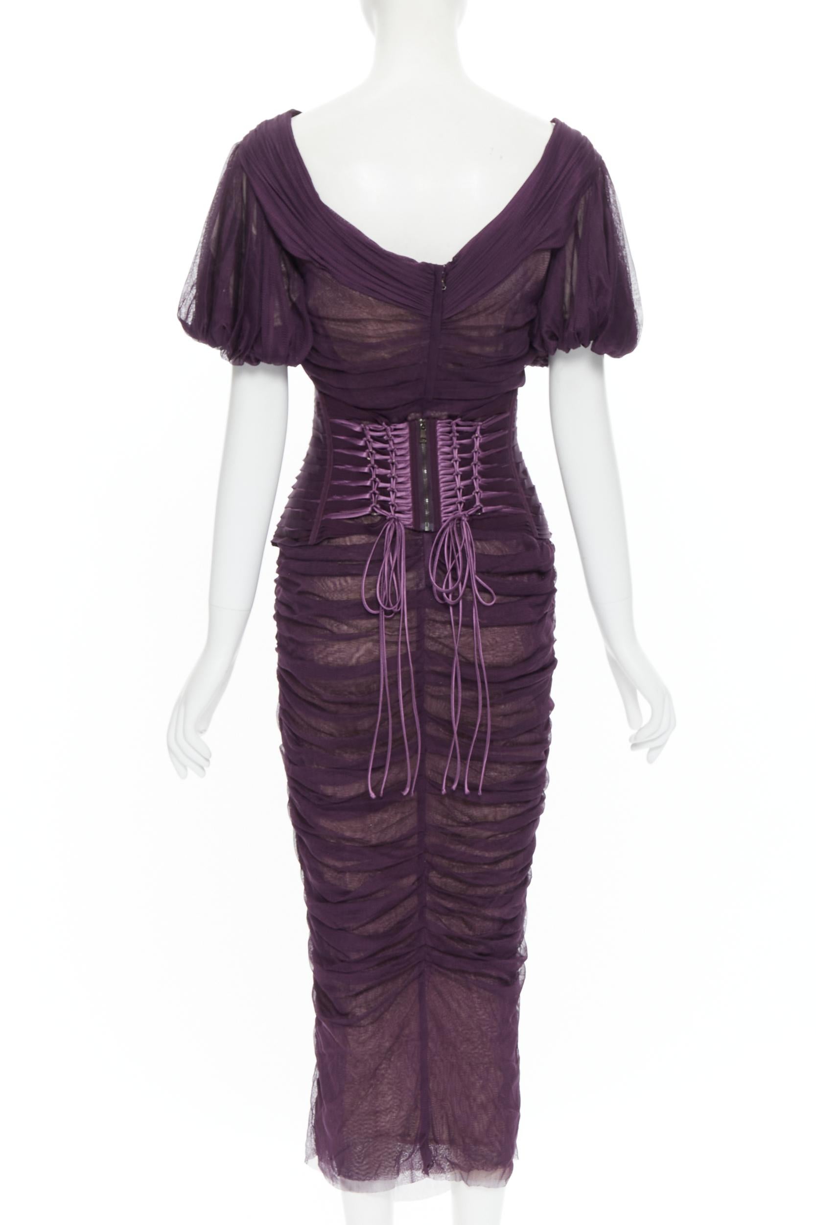 Women's new DOLCE GABBANA Runway 2014 purple laced corset ruched silk dress IT48 XL