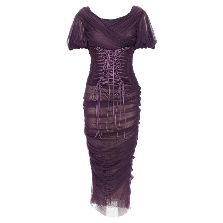 new DOLCE GABBANA Runway 2014 purple laced corset ruched silk dress IT48 XL  at 1stDibs