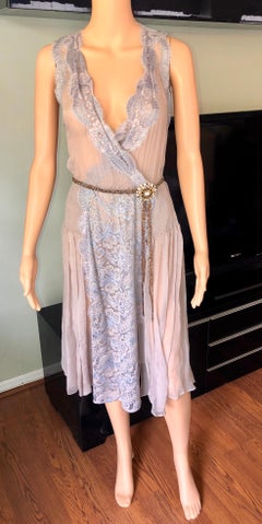 New Dolce & Gabbana S/S 2004 Sheer Embellished Crystal Belt Lace Silk Dress