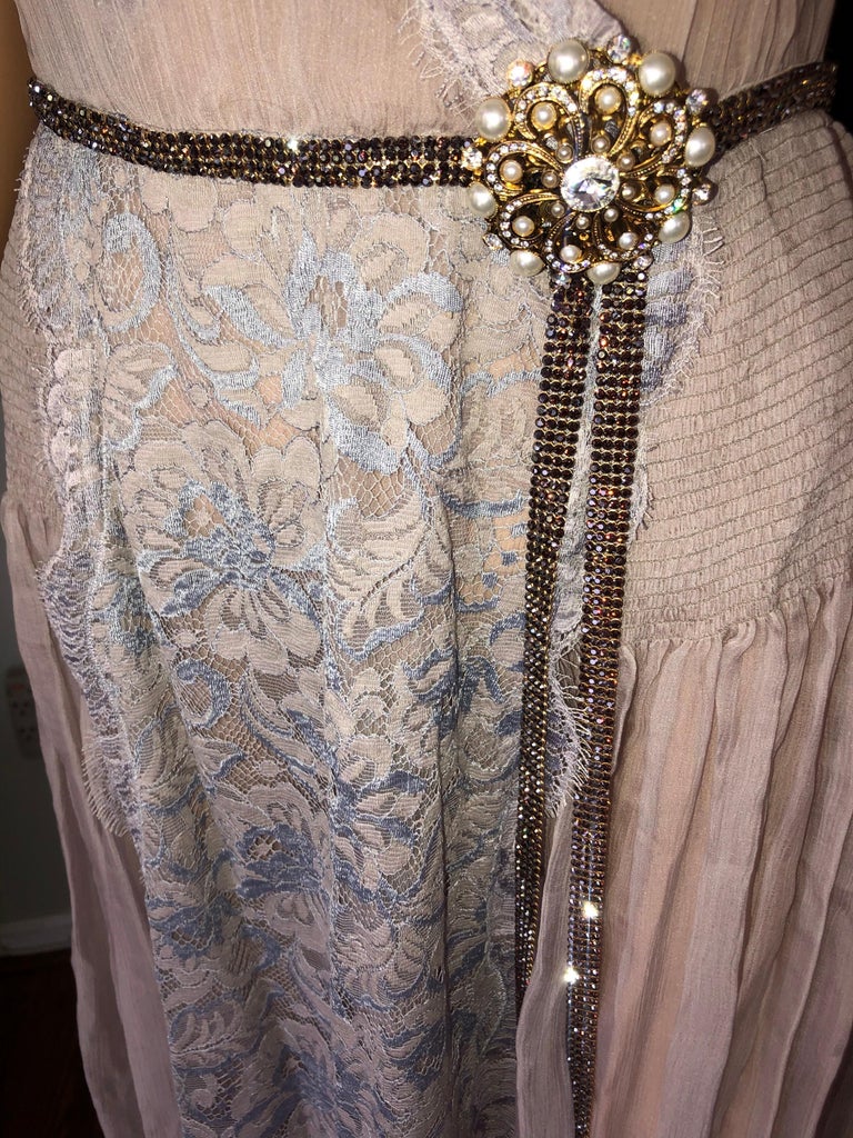 New Dolce & Gabbana S/S 2004 Sheer Embellished Crystal Belt Lace Silk Dress In New Condition For Sale In Fort Myers, FL