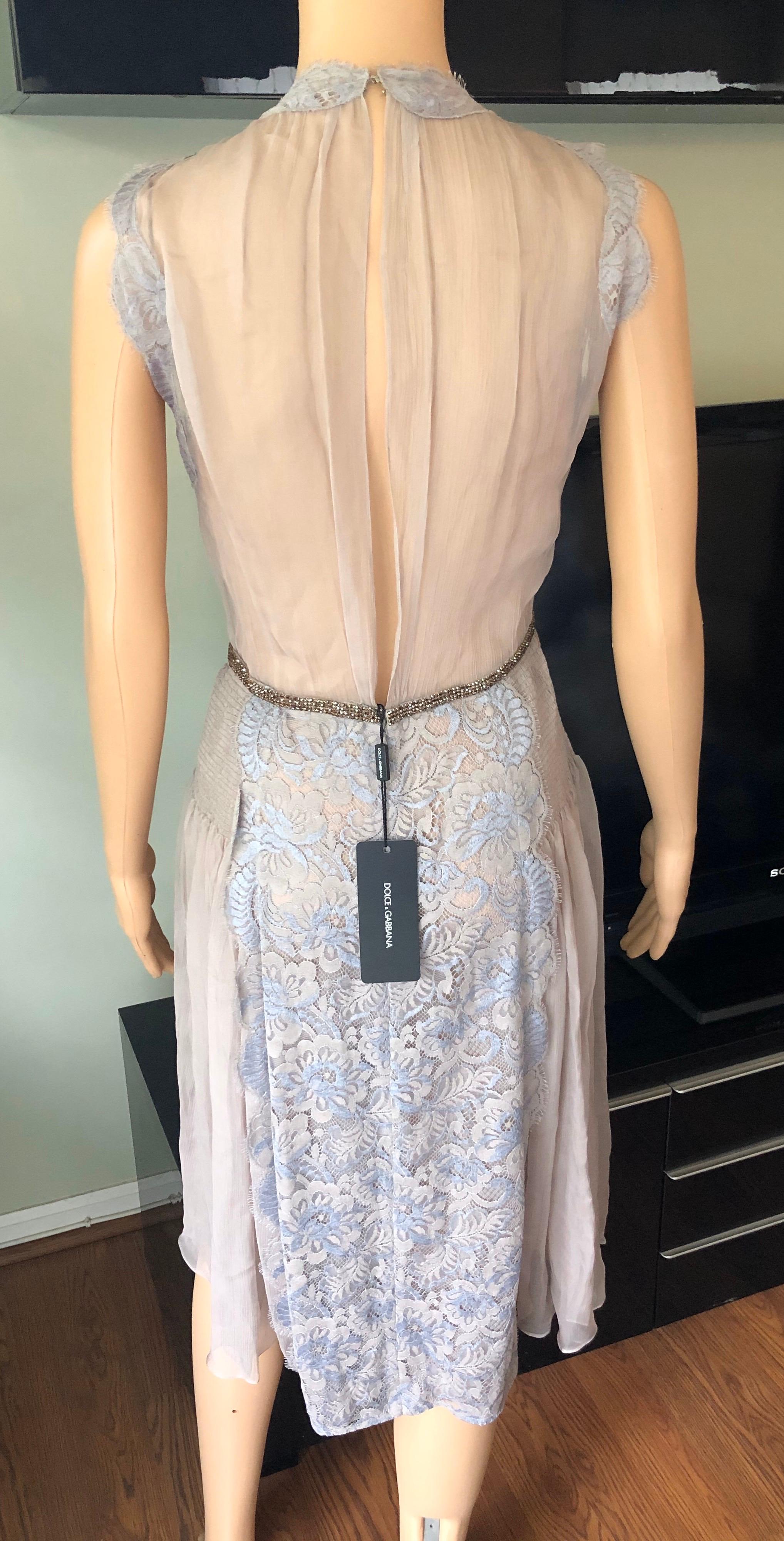 New Dolce & Gabbana S/S 2004 Sheer Embellished Crystal Belt Lace Silk Dress In New Condition In Naples, FL