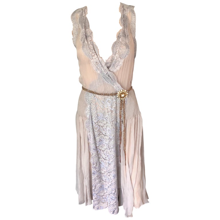 New Dolce & Gabbana S/S 2004 Sheer Embellished Crystal Belt Lace Silk Dress For Sale