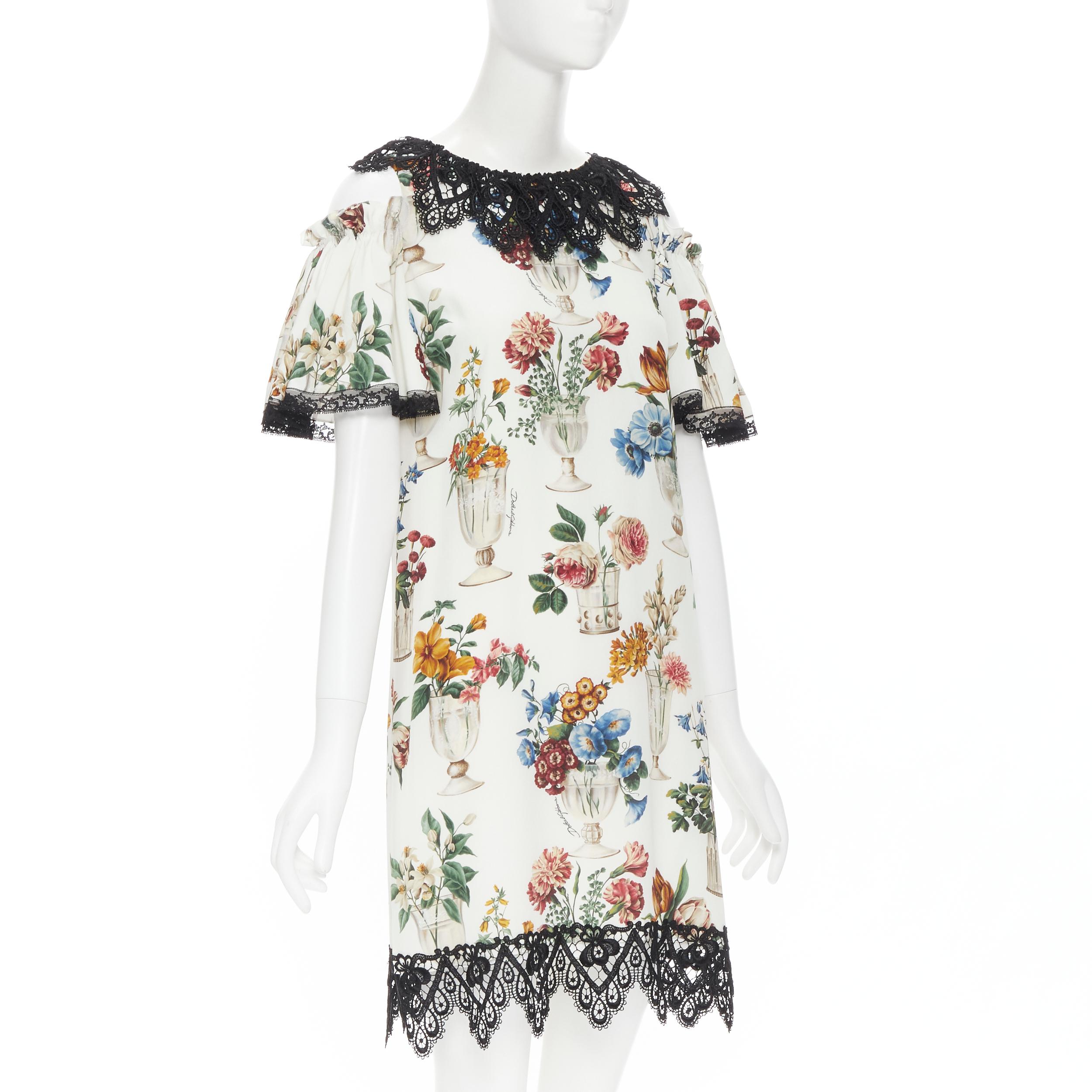 new DOLCE GABBANA silk vase floral lace cold shoulder flared sleeve dress  IT40 S For Sale at 1stDibs