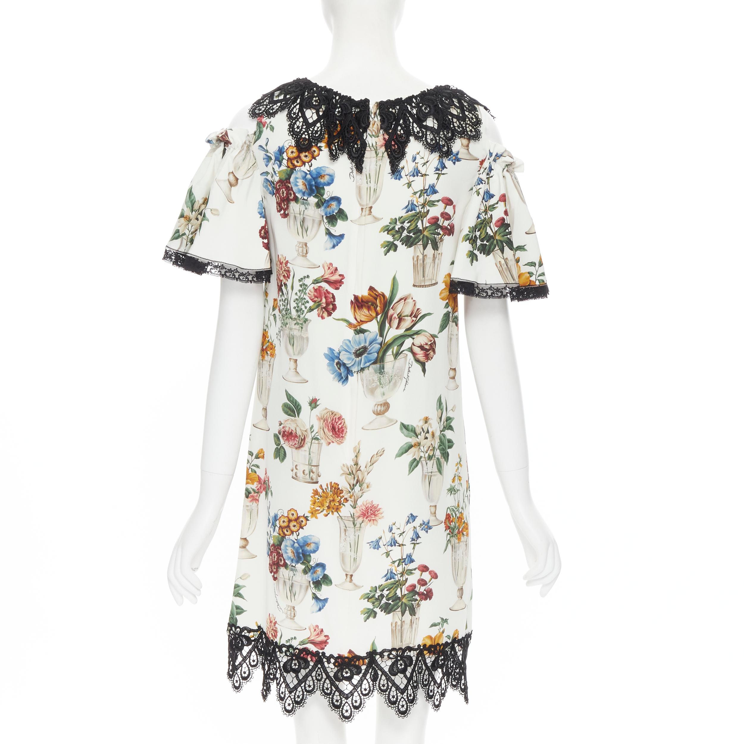 Gray new DOLCE GABBANA silk vase floral lace cold shoulder flared sleeve dress IT40 S For Sale