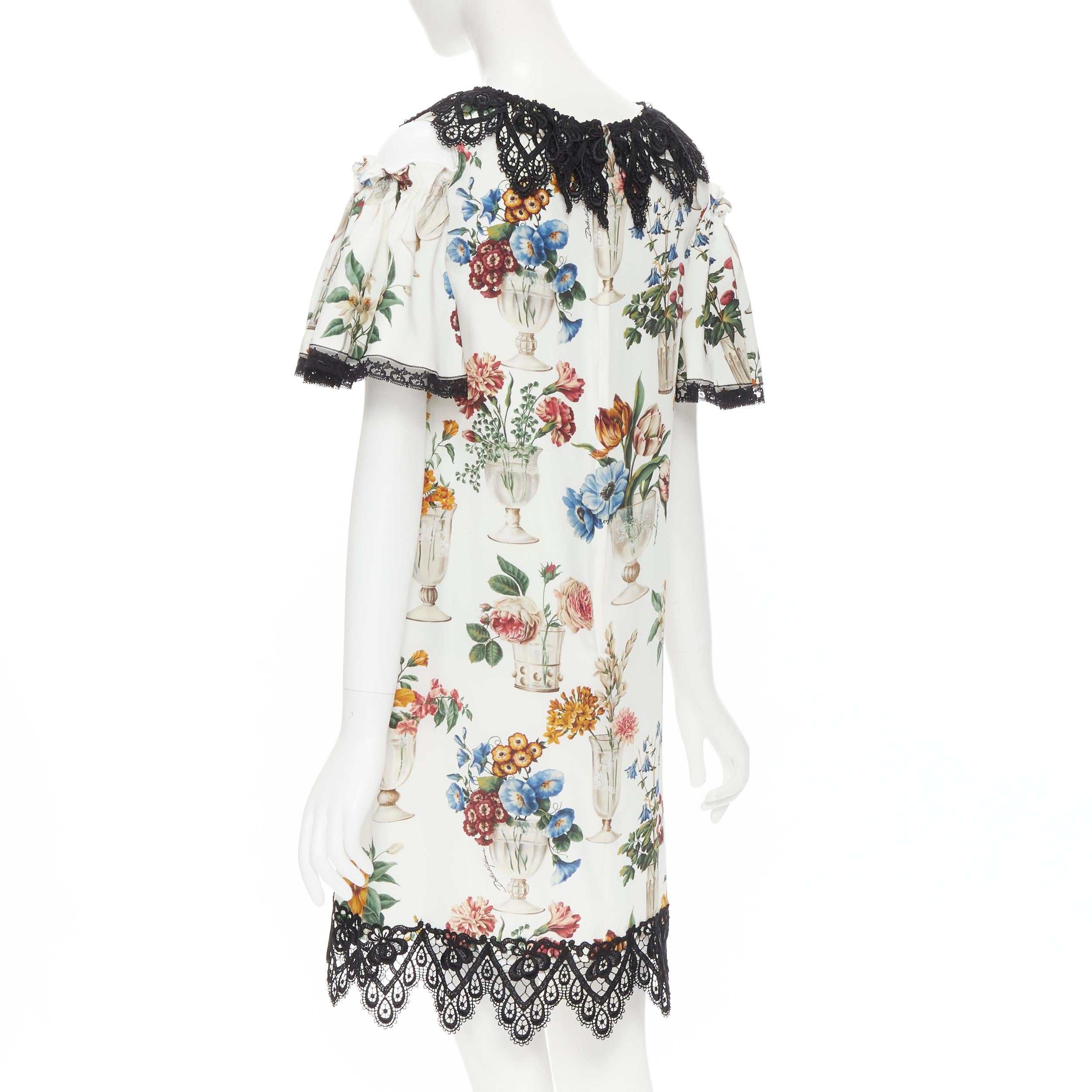 new DOLCE GABBANA silk vase floral lace cold shoulder flared sleeve dress IT40 S In New Condition For Sale In Hong Kong, NT