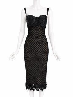 Nuovo abito trasparente Dolce & Gabbana Primavera/Estate 1997 con reggiseno bustier in rete nera macramè, taglia 44 US 6/8