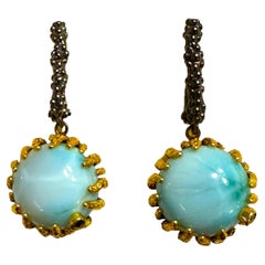 New Dominican Larimar 14k Yellow Gold & 925 Oxi-Black Sterling Earrings