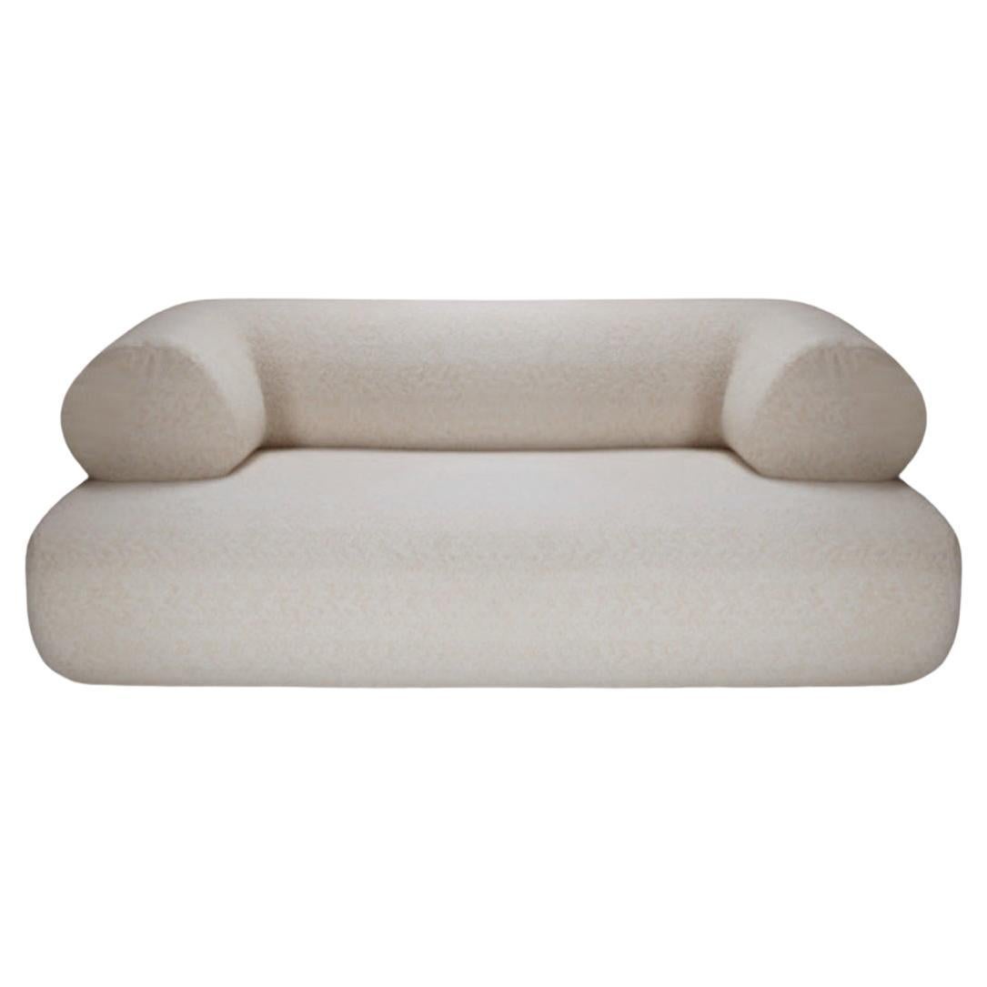 NEW! Dooq! Modern Carmel Wood Couch 240m in White Bouclé and Wood Feet