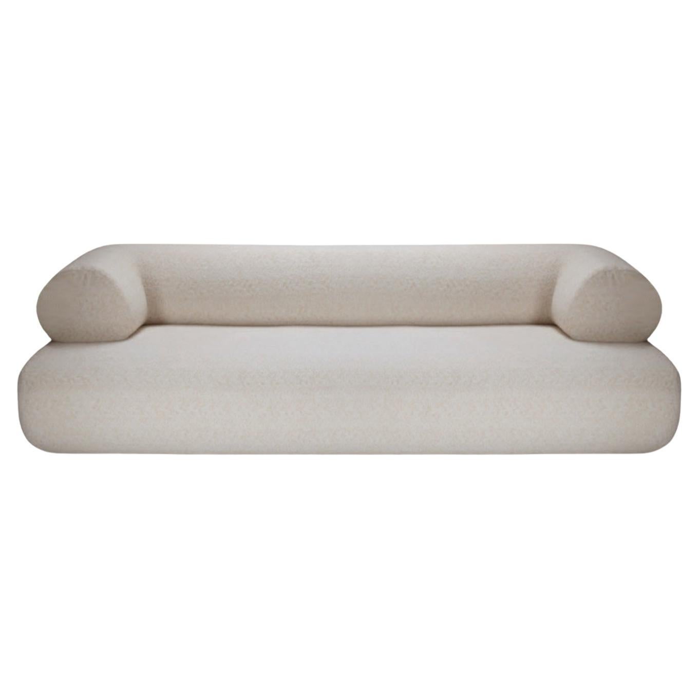 NEW! Dooq! Modern Carmel Wood Couch 300m in White Bouclé and Wood Feet