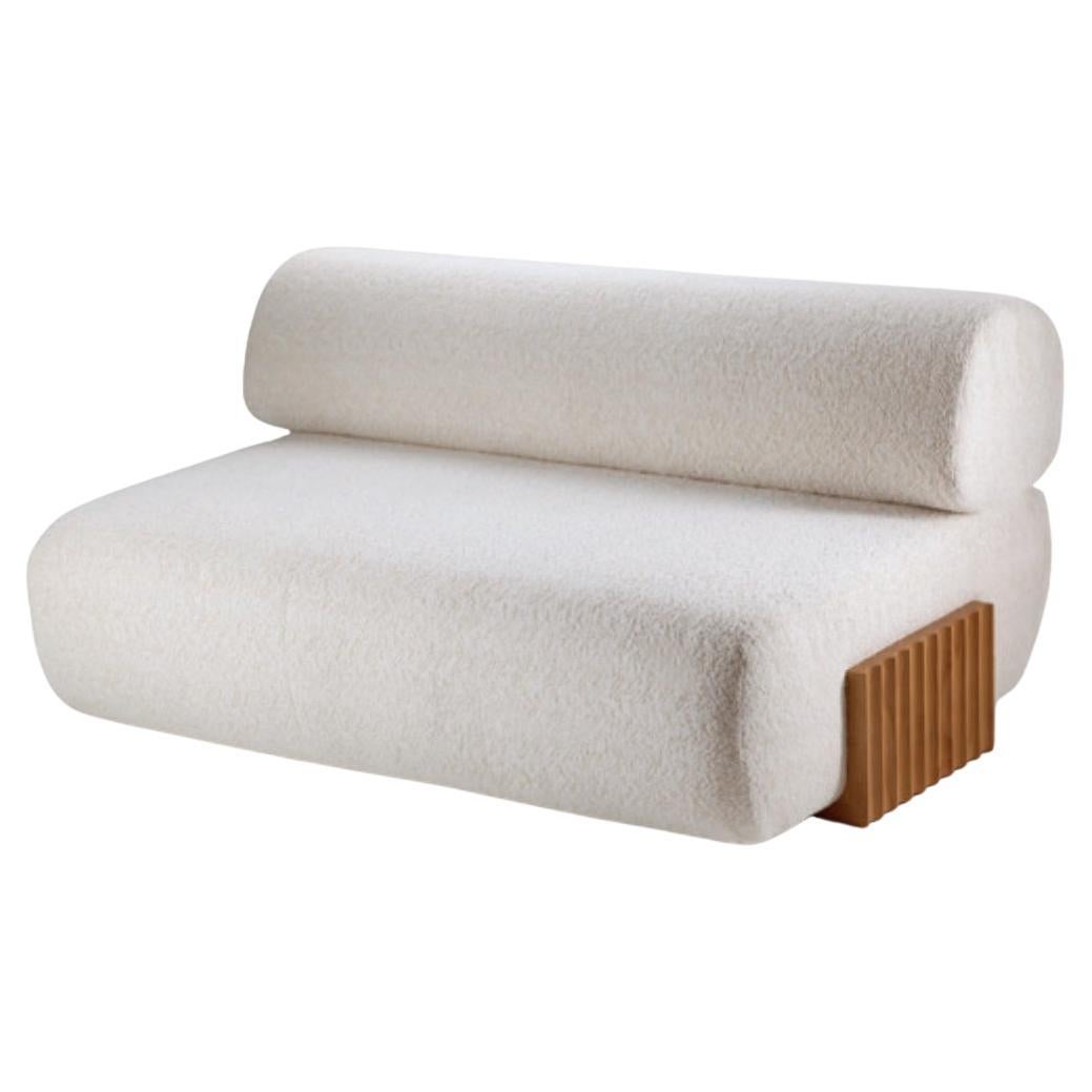 NEW! Dooq! Modern Carmel Wood Armchair 1, 4m in White Bouclé and Wood Feet