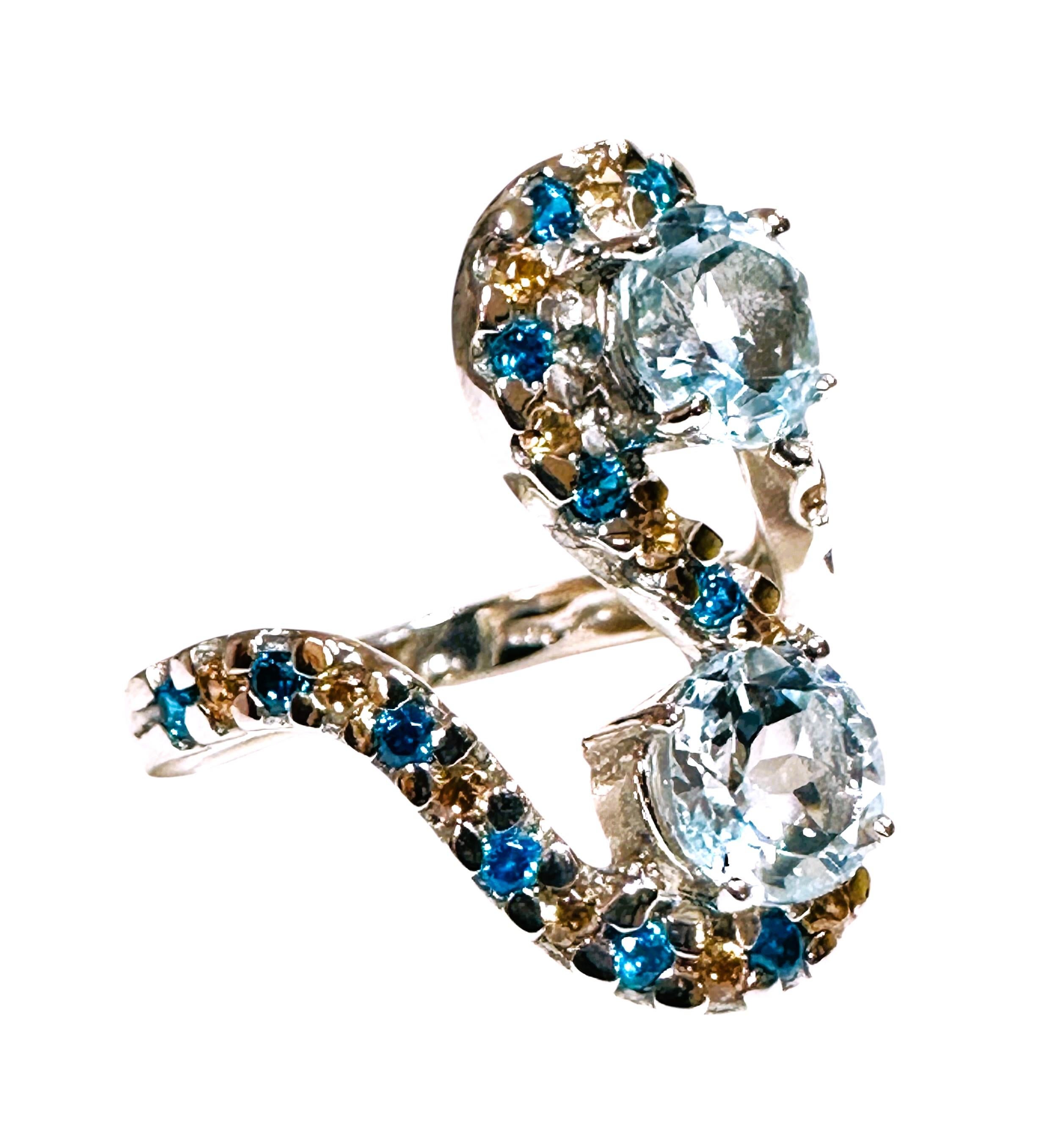 Art Deco New Double Stone 1.60 Carat Aquamarine & Diamond Cut Paraiba Stone Sterling Ring