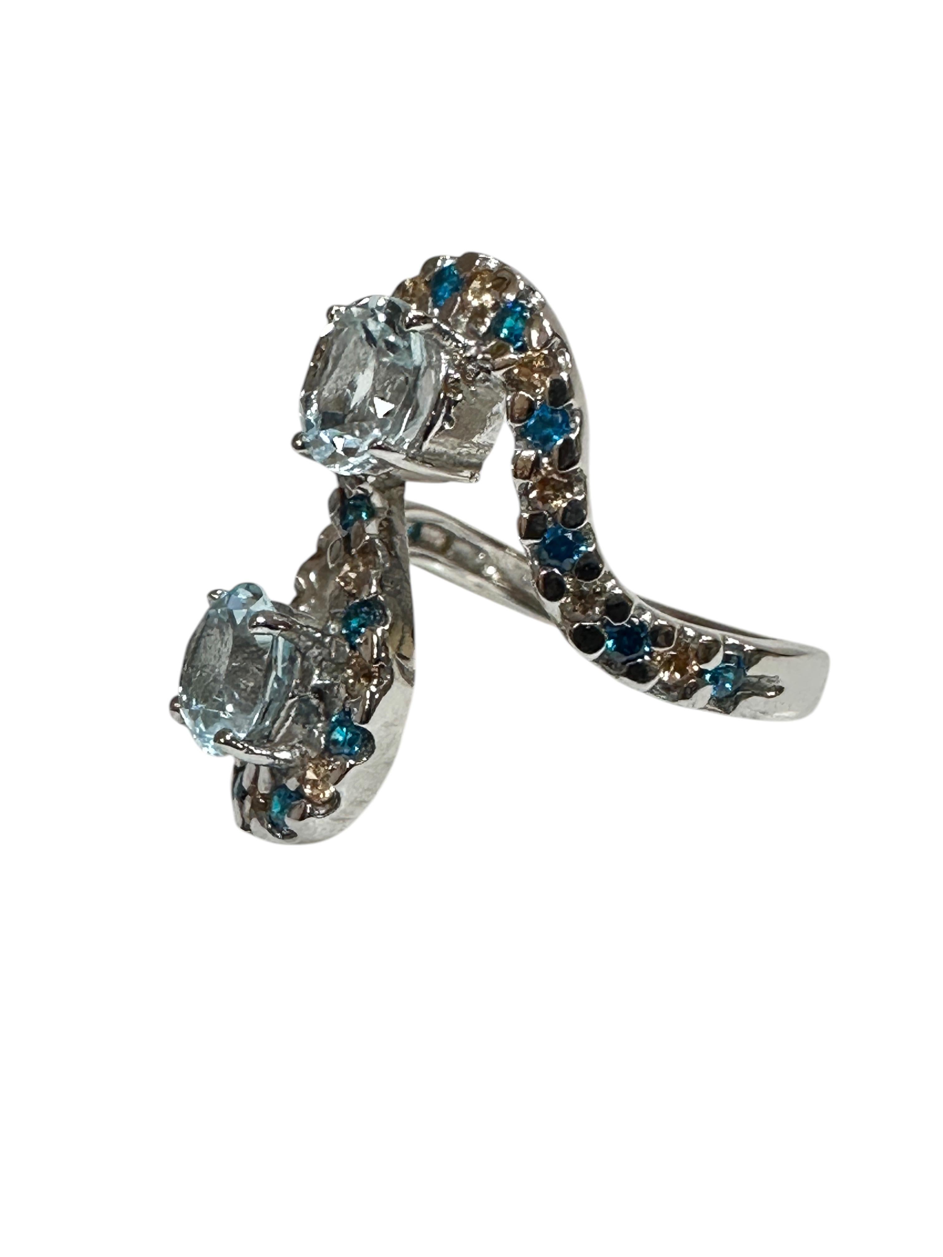 New Double Stone 1.60 Carat Aquamarine & Diamond Cut Paraiba Stone Sterling Ring In New Condition In Eagan, MN