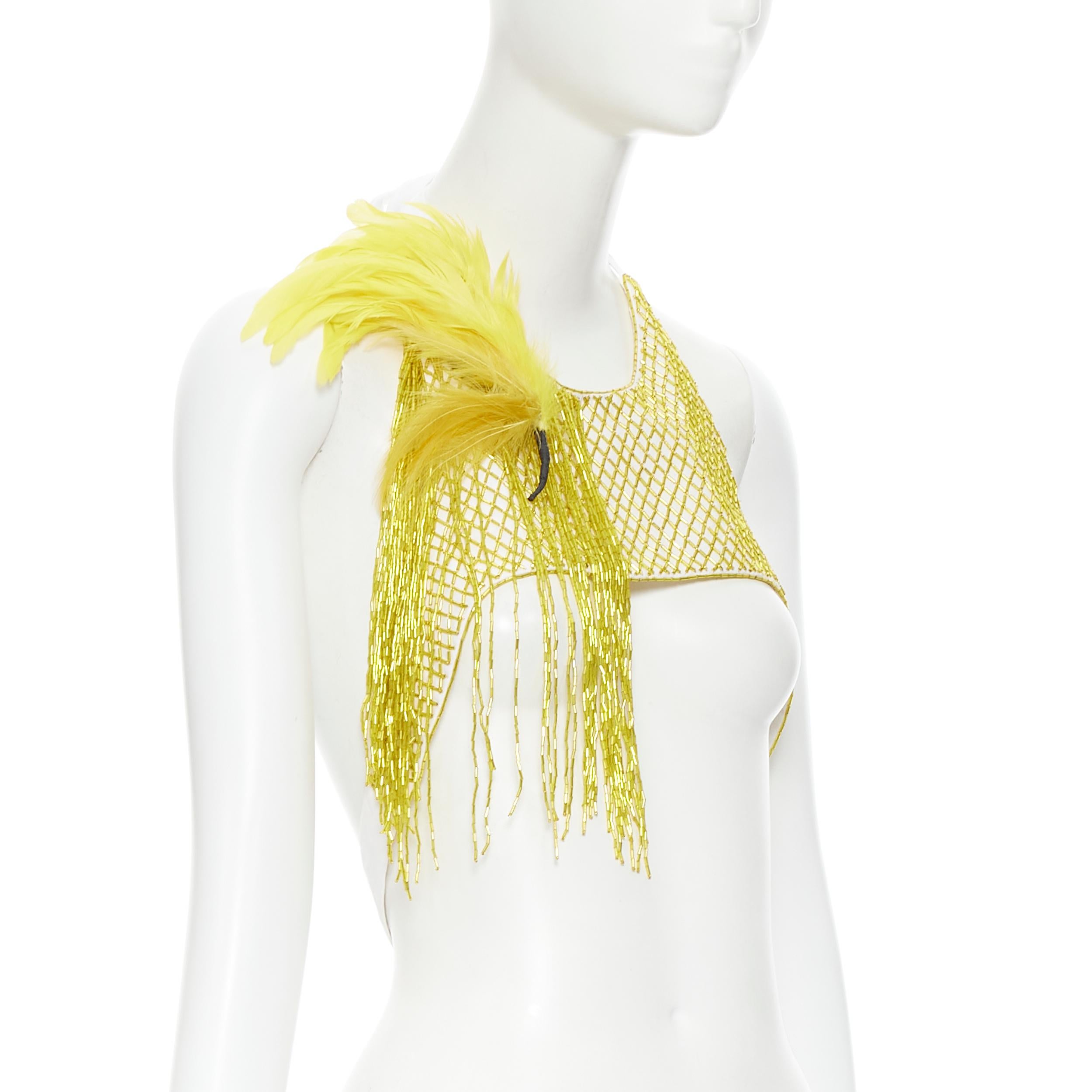 new DRIES VAN NOTEN 2019 runway yellow beaded feather harness crop top FR36 S Reference: TGAS/B00956 
Brand: Dries Van Noten 
Designer: Dries Van Noten 
Collection: Spring Summer 2019 Runway 
Material: Cotton 
Color: Yellow 
Pattern: Solid 
Closure: