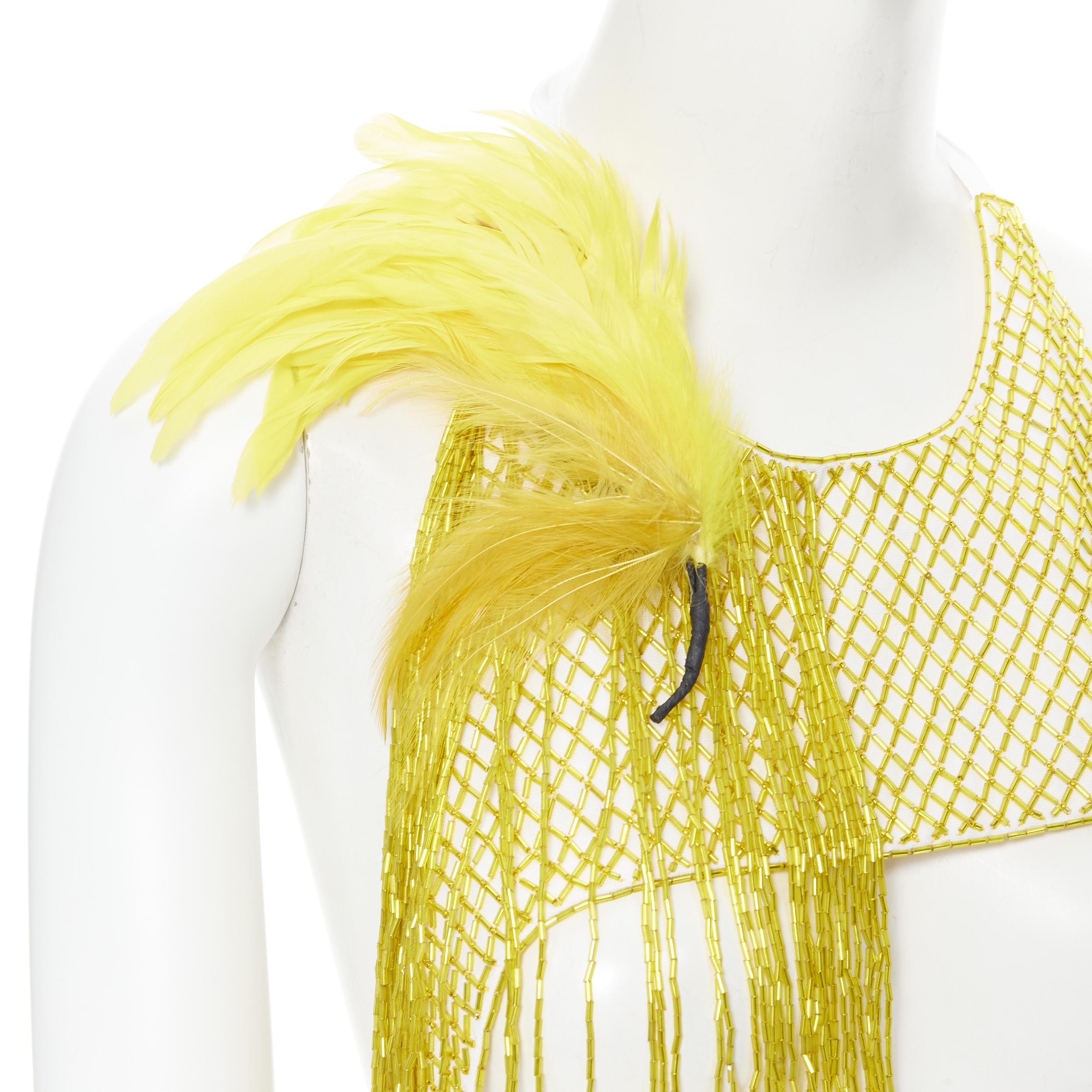 Women's new DRIES VAN NOTEN 2019 runway yellow beaded feather harness crop top FR36 S