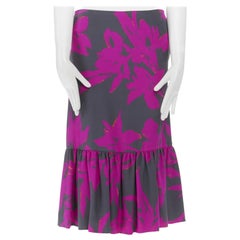 new DRIES VAN NOTEN AW14 grey pink floral print ruffle hem midi silk skirt FR34