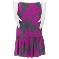 new DRIES VAN NOTEN AW14 grey pink floral print ruffle hem midi silk skirt FR36