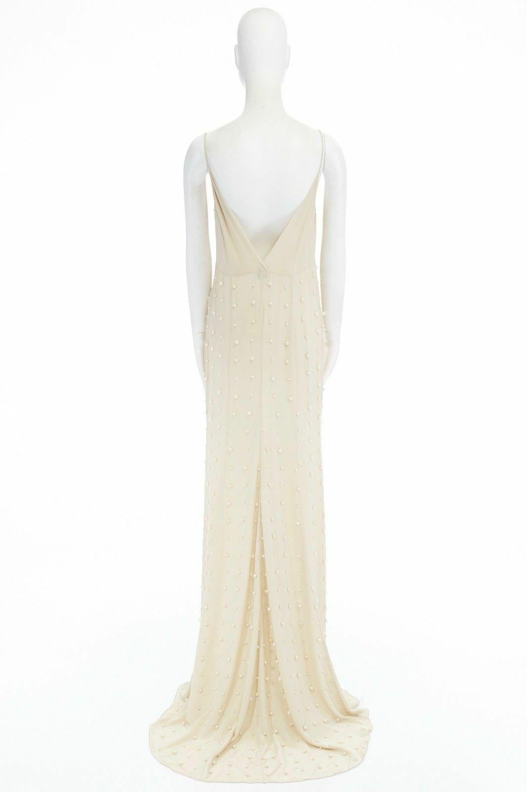 Beige new DRIES VAN NOTEN AW16 Deming beige pearl embellished slip gown dress FR34 XS