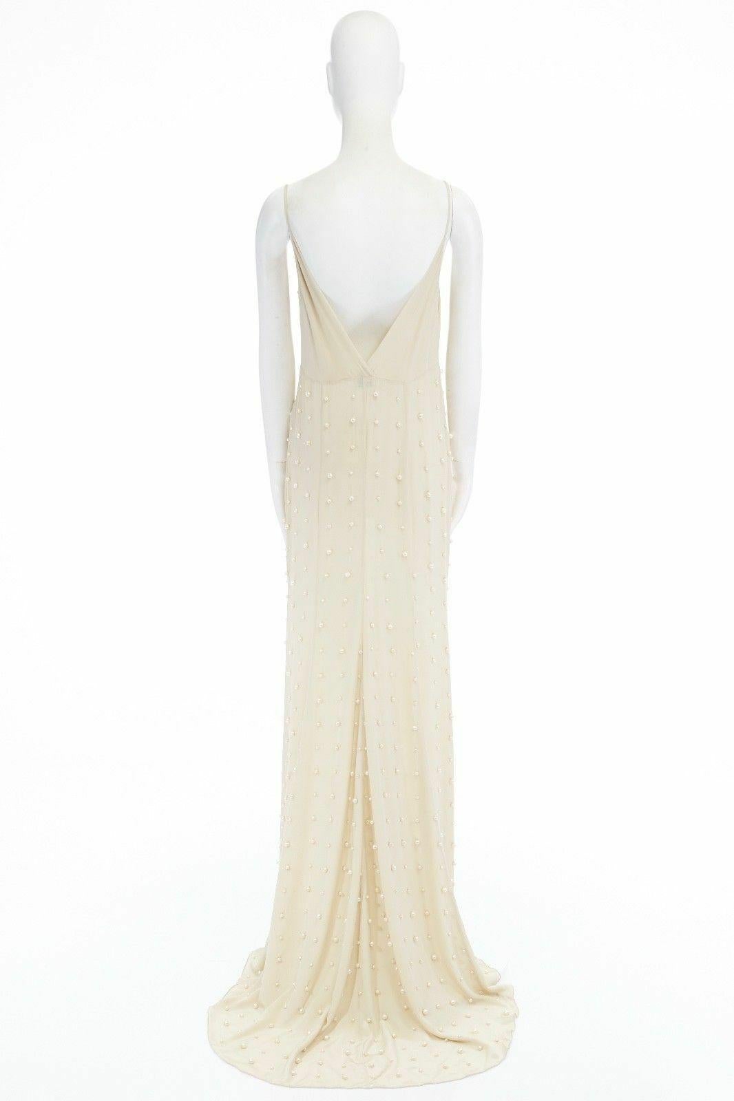 Beige new DRIES VAN NOTEN AW16 Deming beige pearl embellished slip gown dress FR36 S