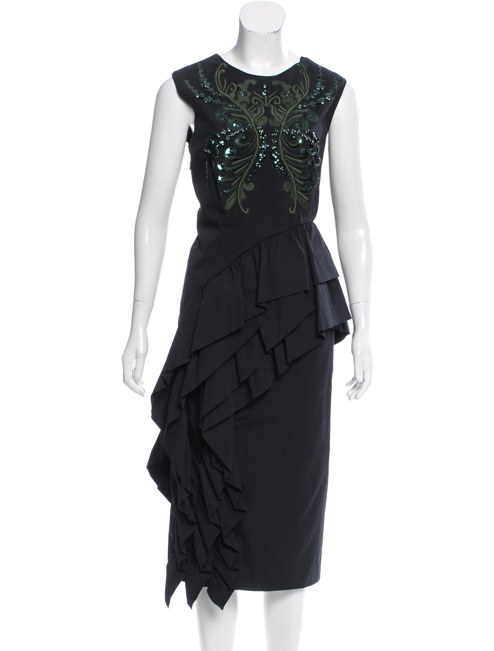 Women's New Dries Van Noten Black/Green Sequinned Asymmetric Ruffle Dress FR38 US 6 For Sale