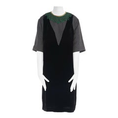 new DRIES VAN NOTEN Dina black velvet layered embroidered neckline shift dress L