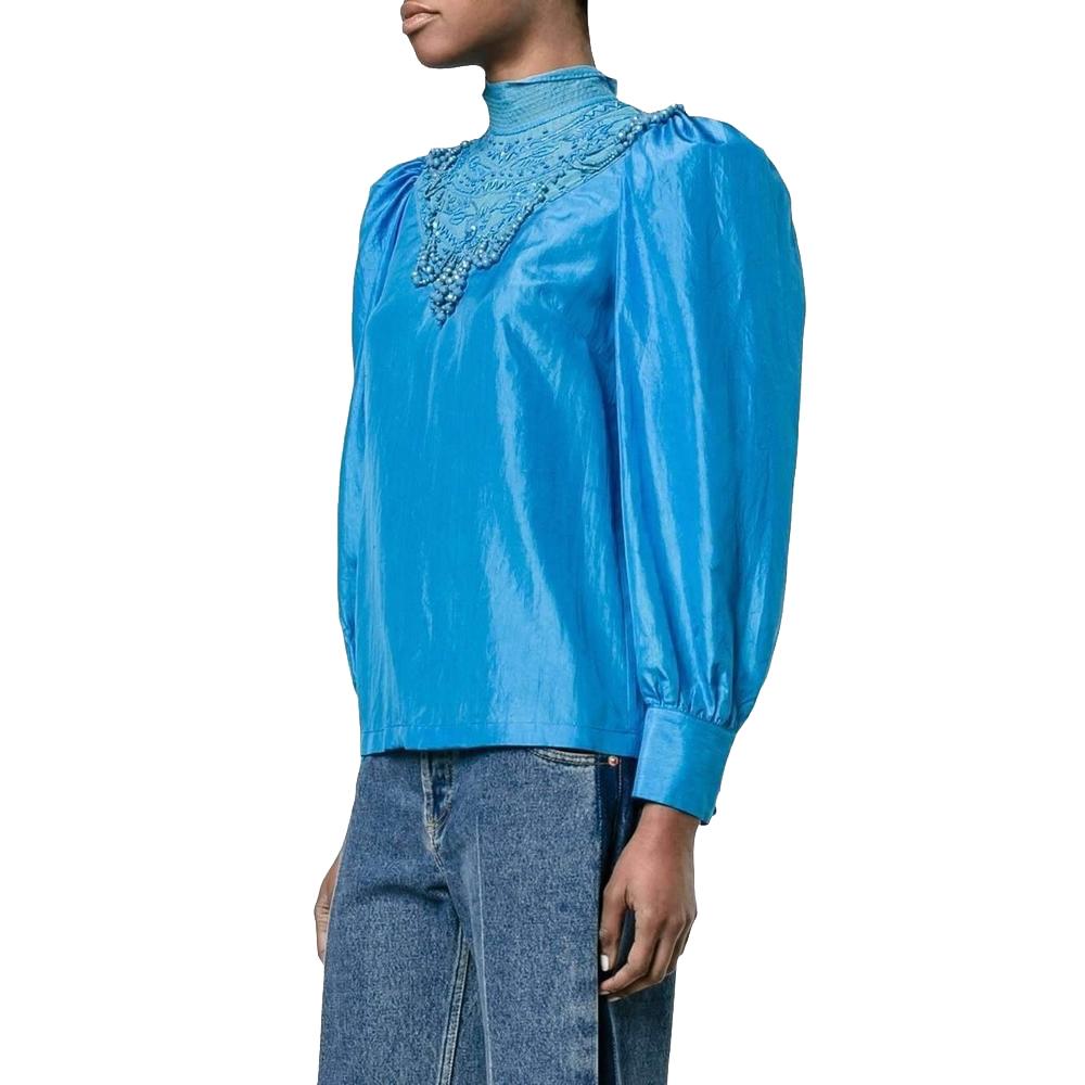 New DRIES VAN NOTEN Embellished Pure Silk Blue Blouse FR40 US 8 In New Condition For Sale In Brossard, QC
