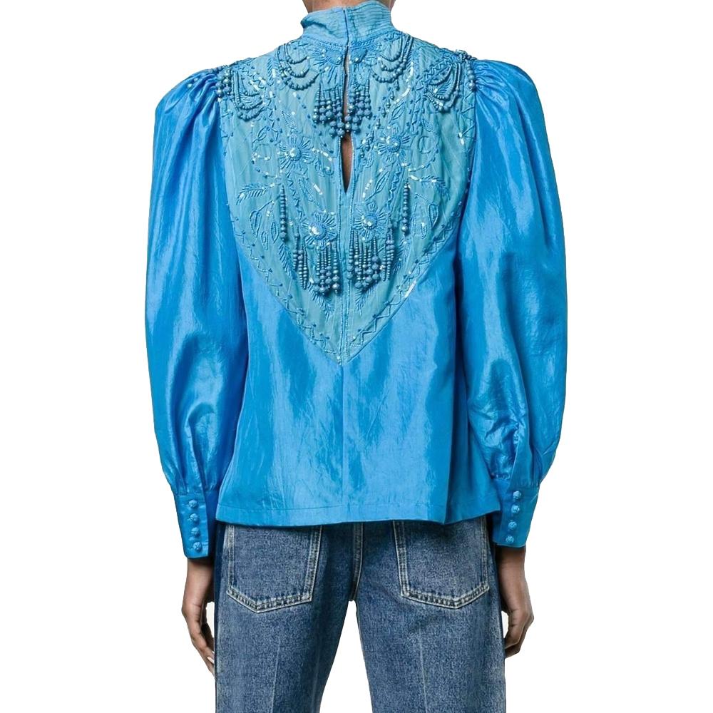 Women's New DRIES VAN NOTEN Embellished Pure Silk Blue Blouse FR40 US 8 For Sale