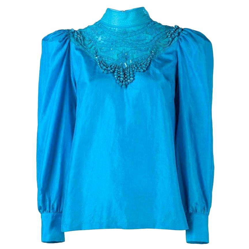 New DRIES VAN NOTEN Embellished Pure Silk Blue Blouse FR40 US 8 For Sale