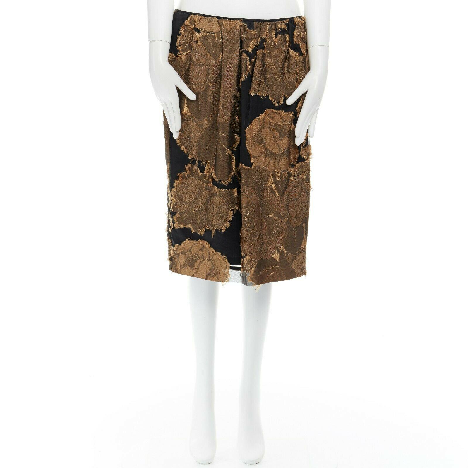 Brown new DRIES VAN NOTEN gold black oriental floral raw jacquard gauze skirt FR42 XL