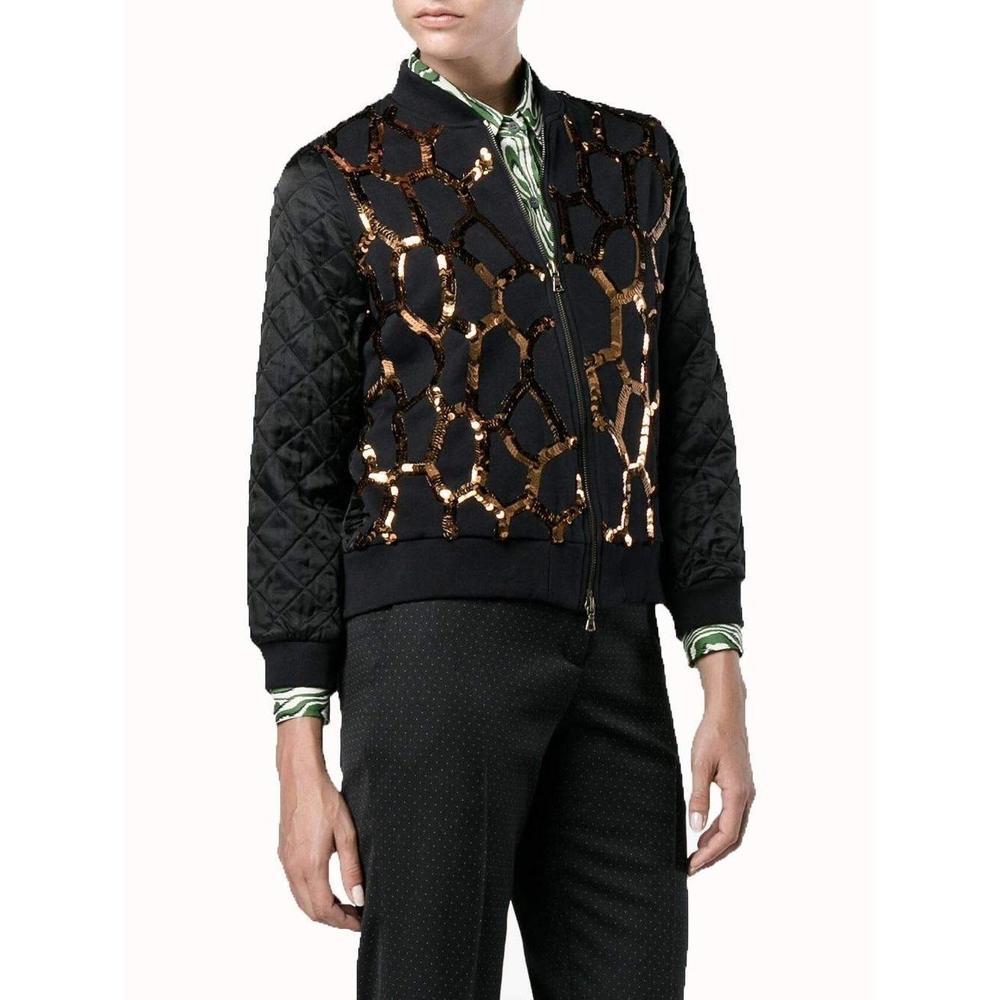 This navy Dries Van Noten 'Hoezee' sequin embellished zip up jacket is an immaculate creation from the Belgian designer's new season collection.
Demonstrating the designer's penchant for grandeur and detail, the piece features a striking gold sequin
