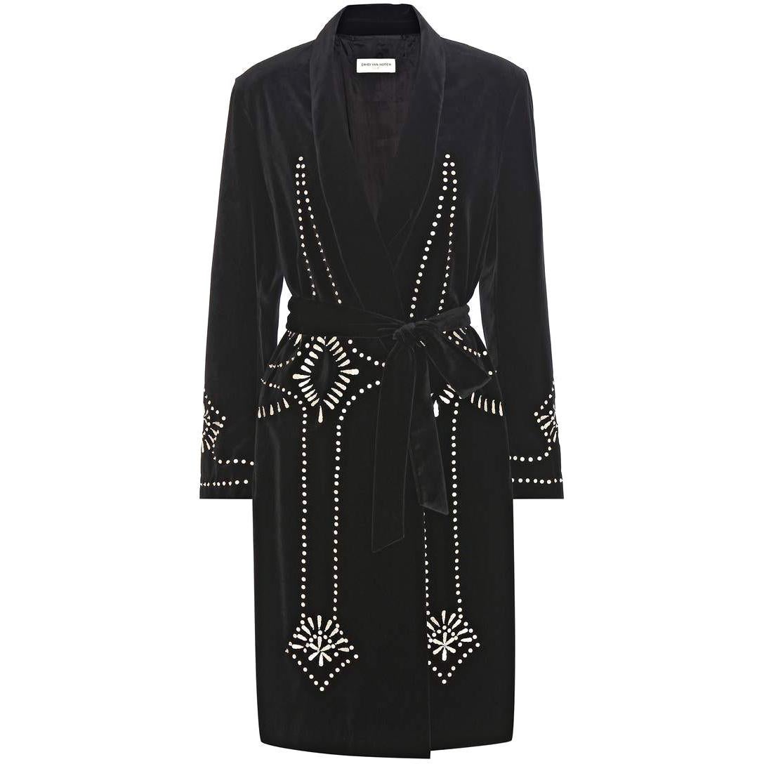 New DRIES VAN NOTEN 'Ravik' Black Sequin Embellished Velvet Coat FR38 US6 For Sale