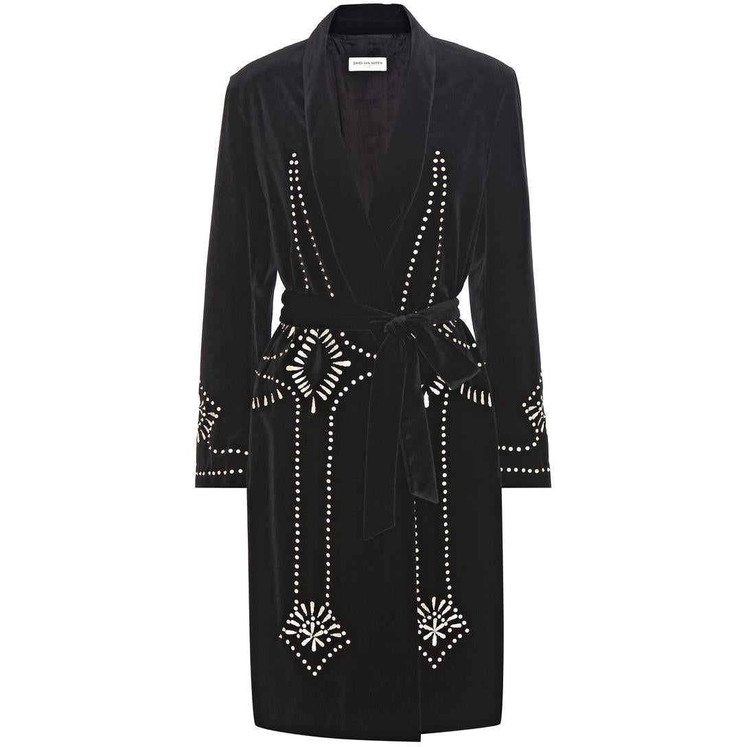 New DRIES VAN NOTEN 
Ravik
 Black Sequin Embellished Velvet Coat FR42 US10 For Sale