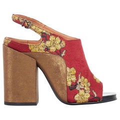 Used new DRIES VAN NOTEN red oriental blossom jacquard gold chunky heel sandal EU37.5