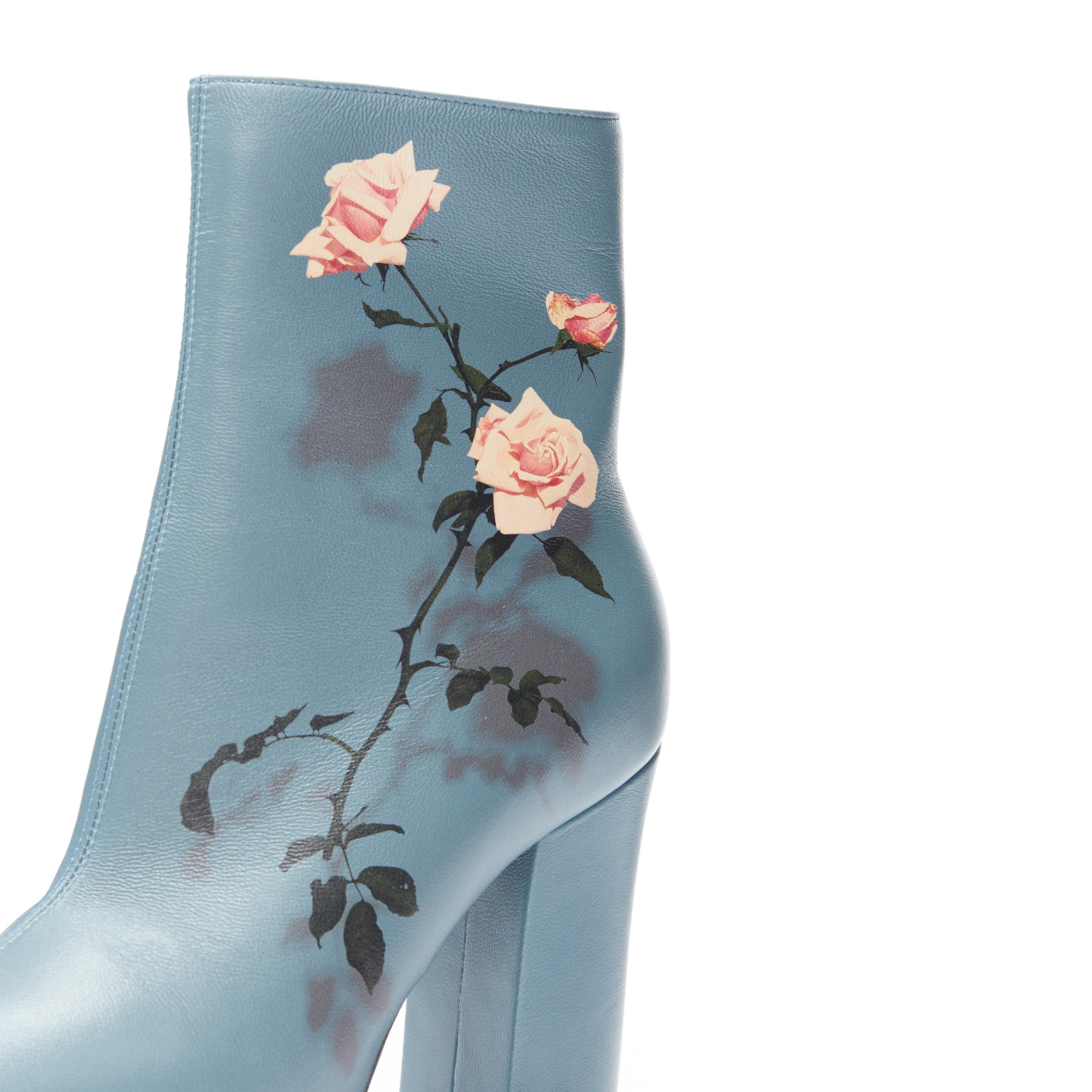 Women's new DRIES VAN NOTEN Runway slate blue rose floral print block heel bootie EU36