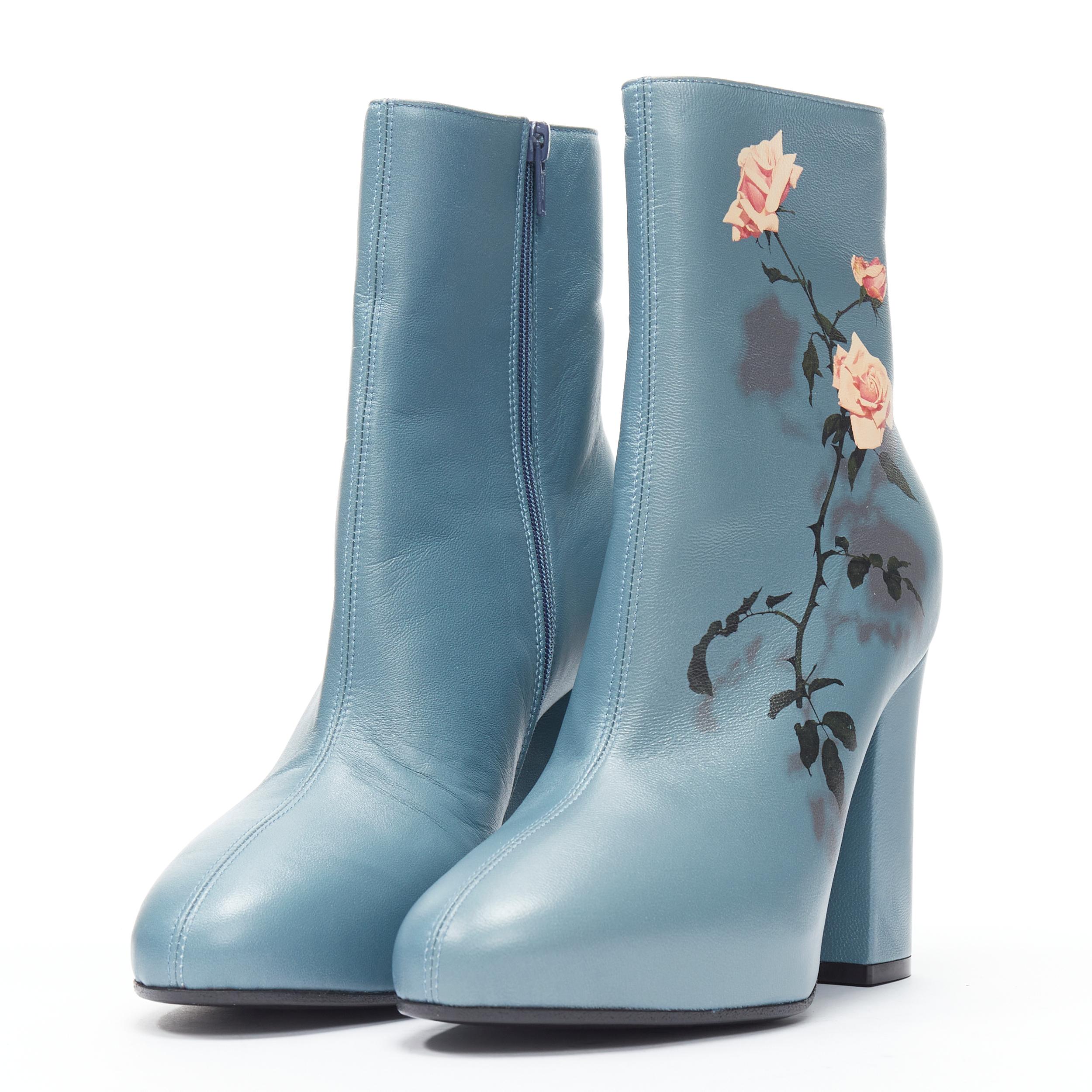 Blue new DRIES VAN NOTEN Runway slate blue rose print block heel ankle boot EU36