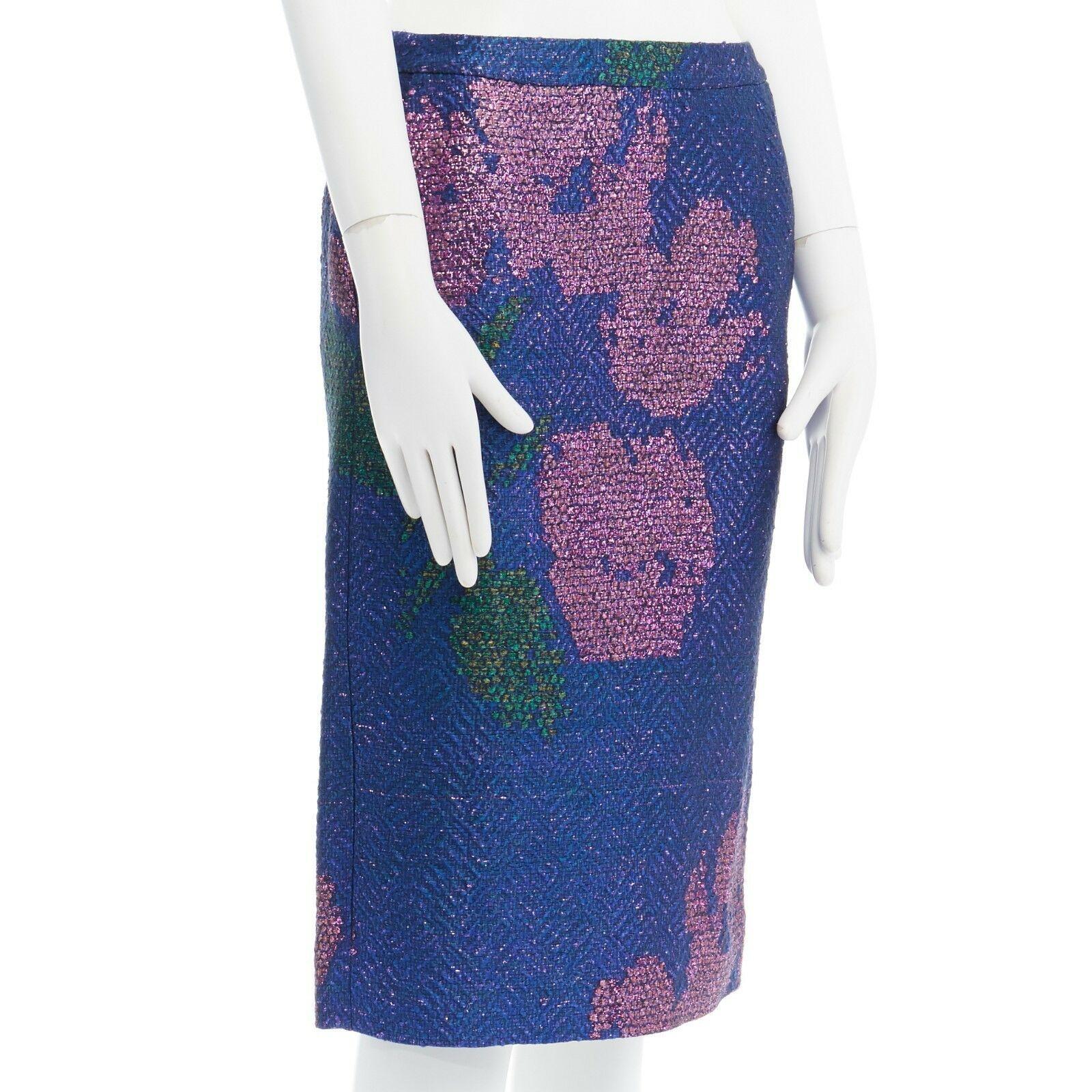 Purple new DRIES VAN NOTEN SS15 metallic blue pink floral chevron pencil skirt FR36 28