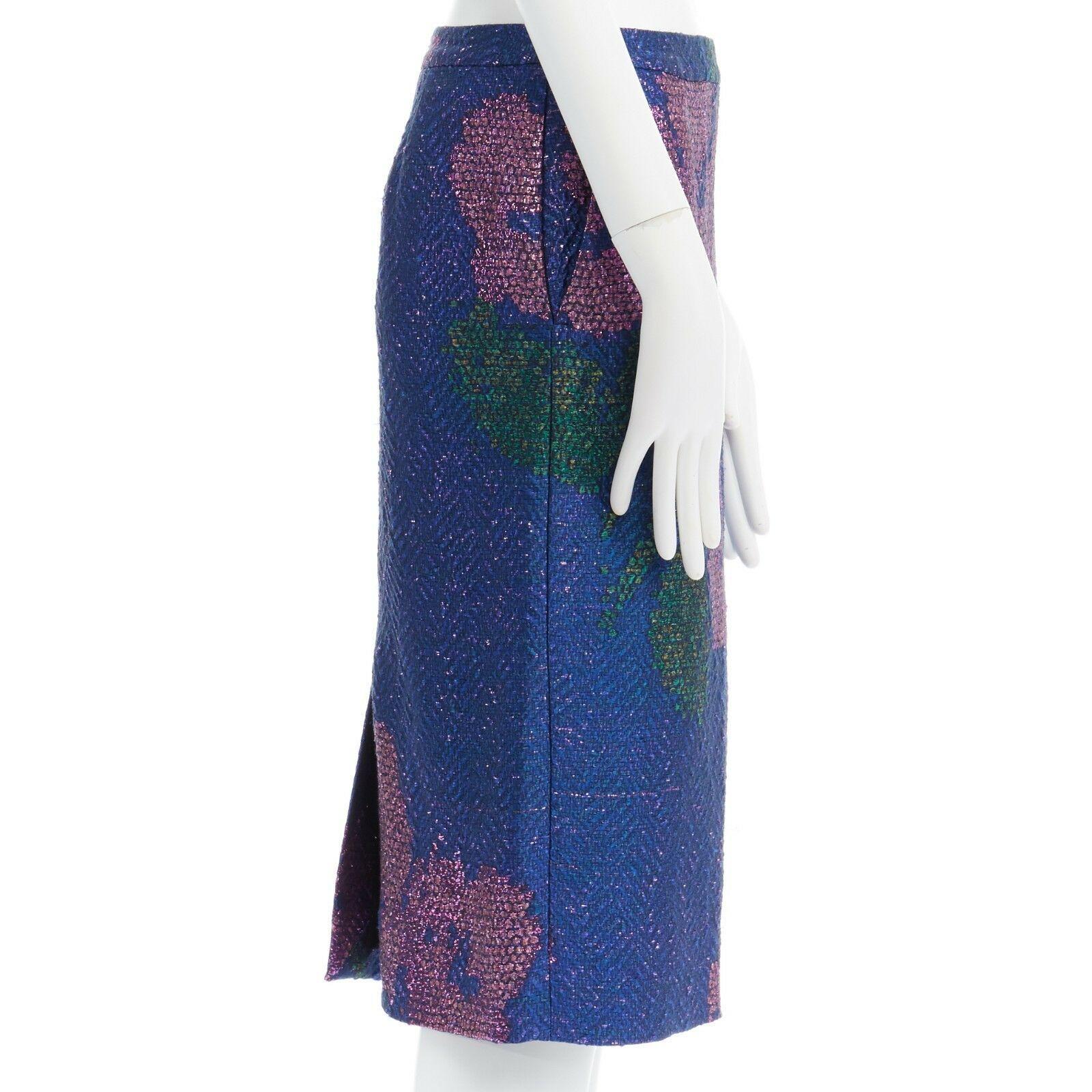 new DRIES VAN NOTEN SS15 metallic blue pink floral chevron pencil skirt FR36 28