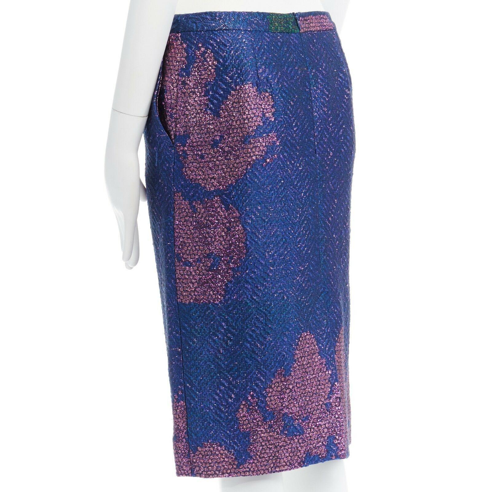 Women's new DRIES VAN NOTEN SS15 metallic blue pink floral chevron pencil skirt FR36 28