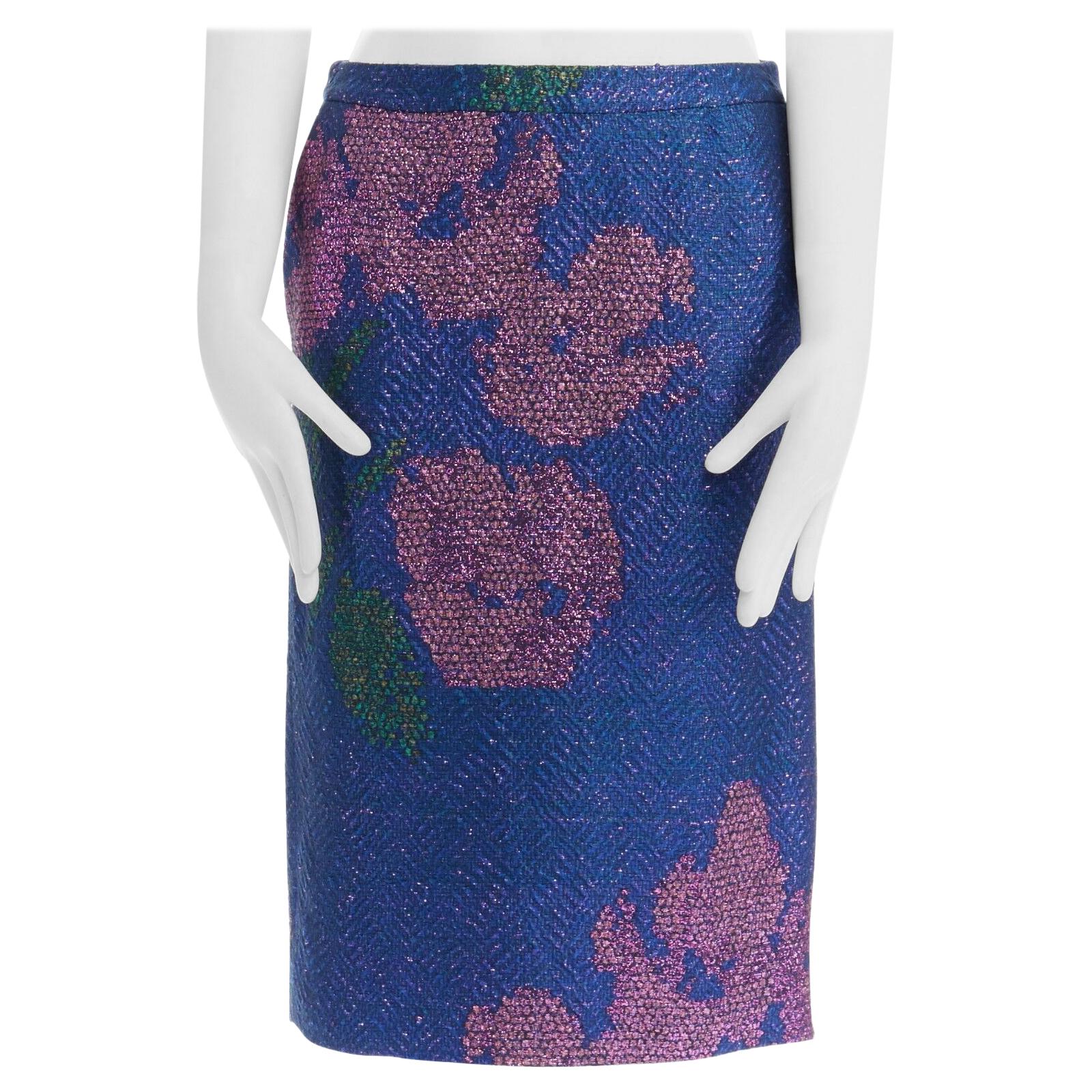 new DRIES VAN NOTEN SS15 metallic blue pink floral chevron pencil skirt FR36 28"