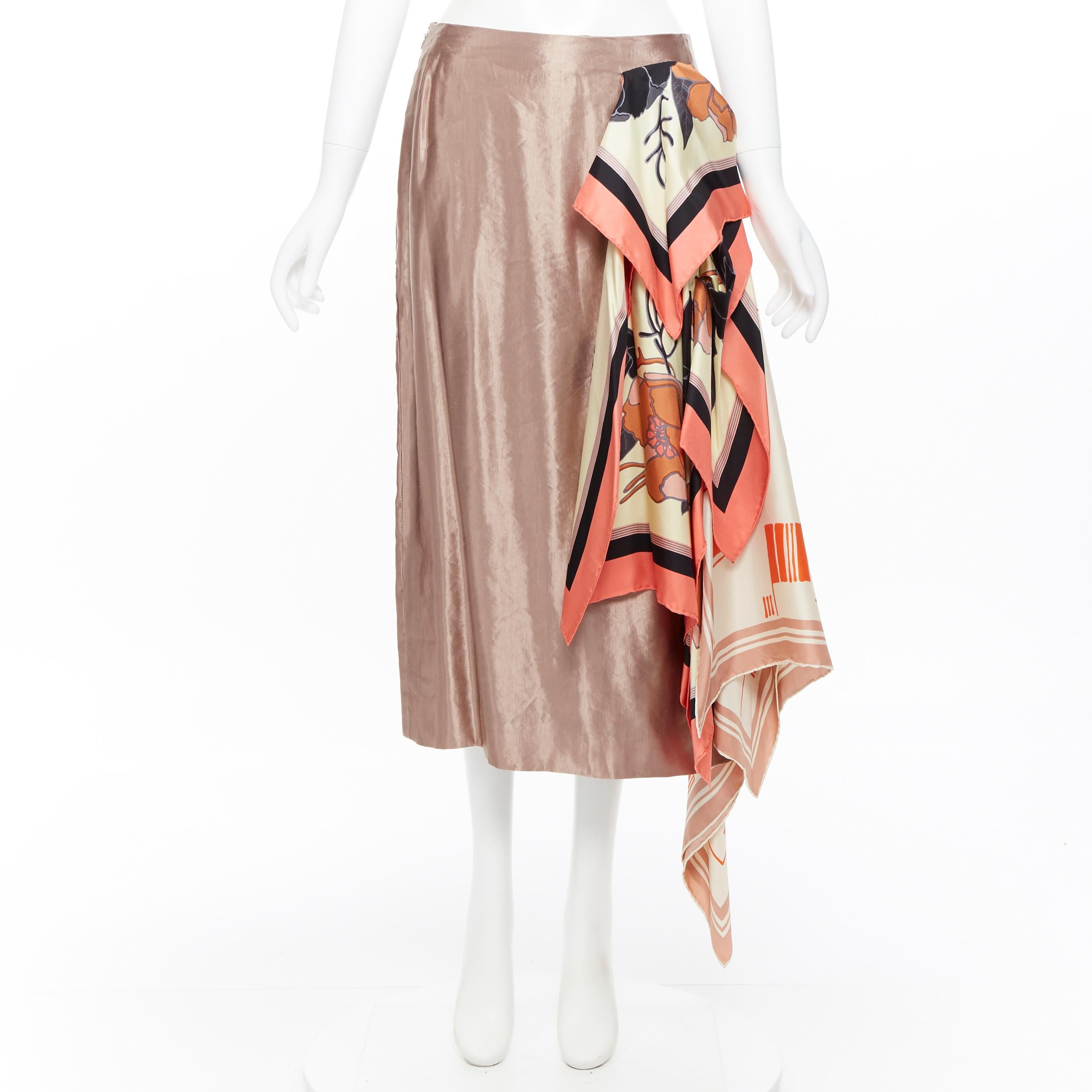 Brown new DRIES VAN NOTEN SS18 dusty pink linen cupro draped floral scarf skirt FR38