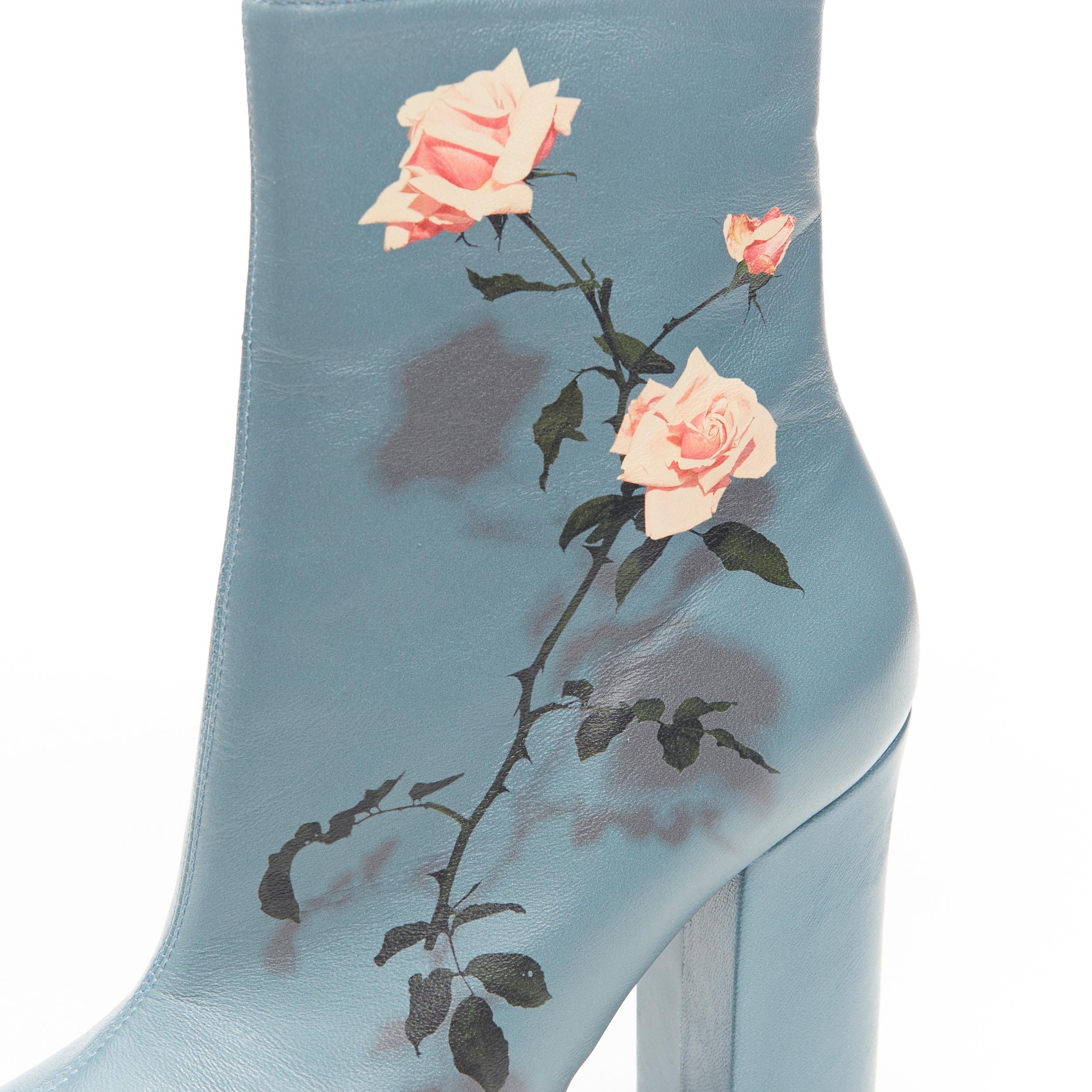 new DRIES VAN NOTEN teal blue floral rose print chunky heel ankle boot EU37 1