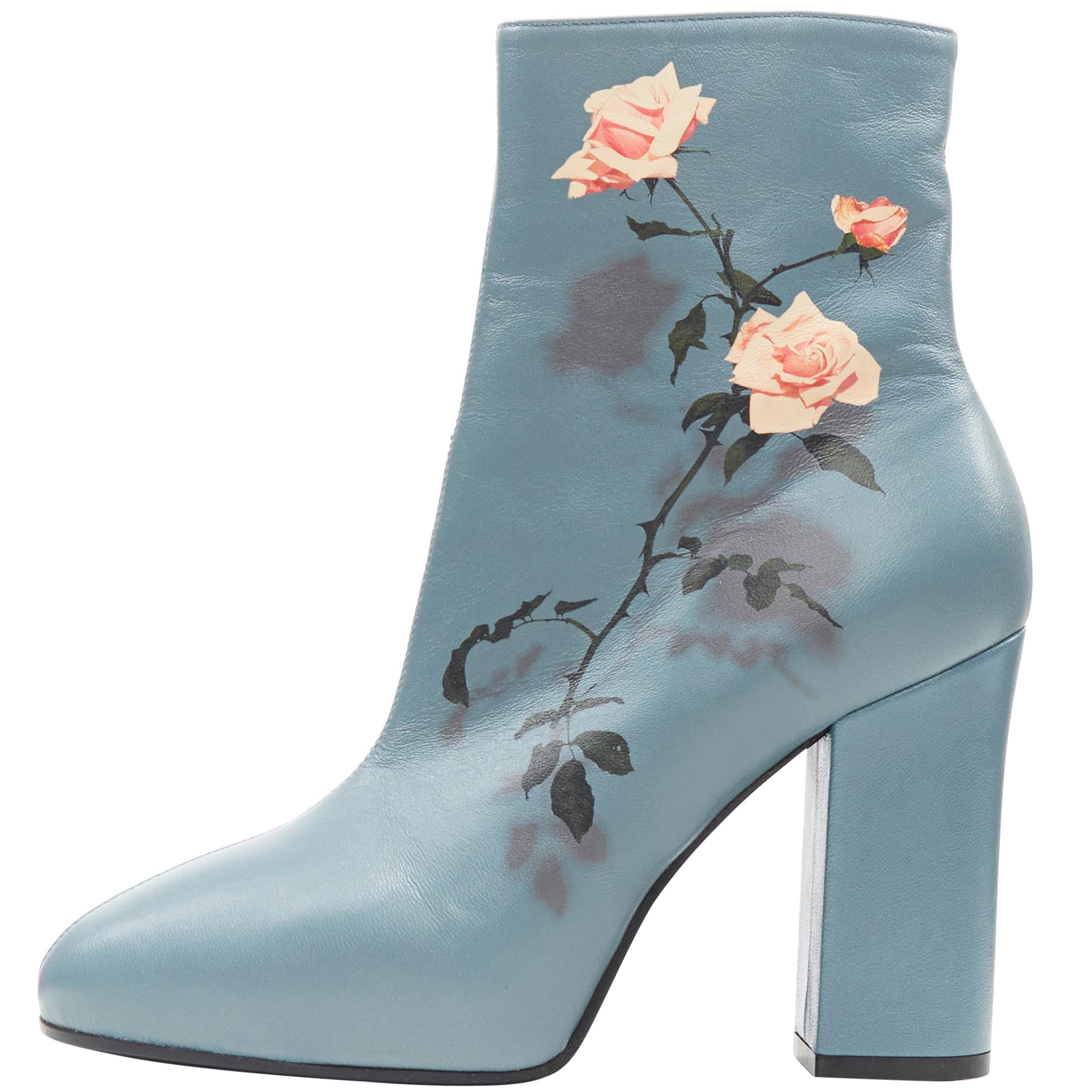 new DRIES VAN NOTEN teal blue floral rose print chunky heel ankle boot EU37