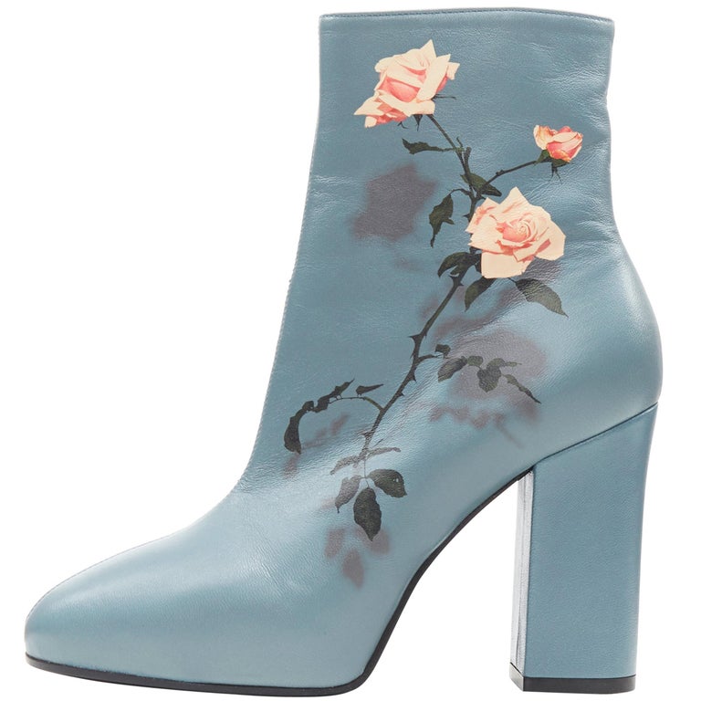 new DRIES VAN NOTEN teal blue floral rose print chunky heel ankle boot EU37  at 1stDibs