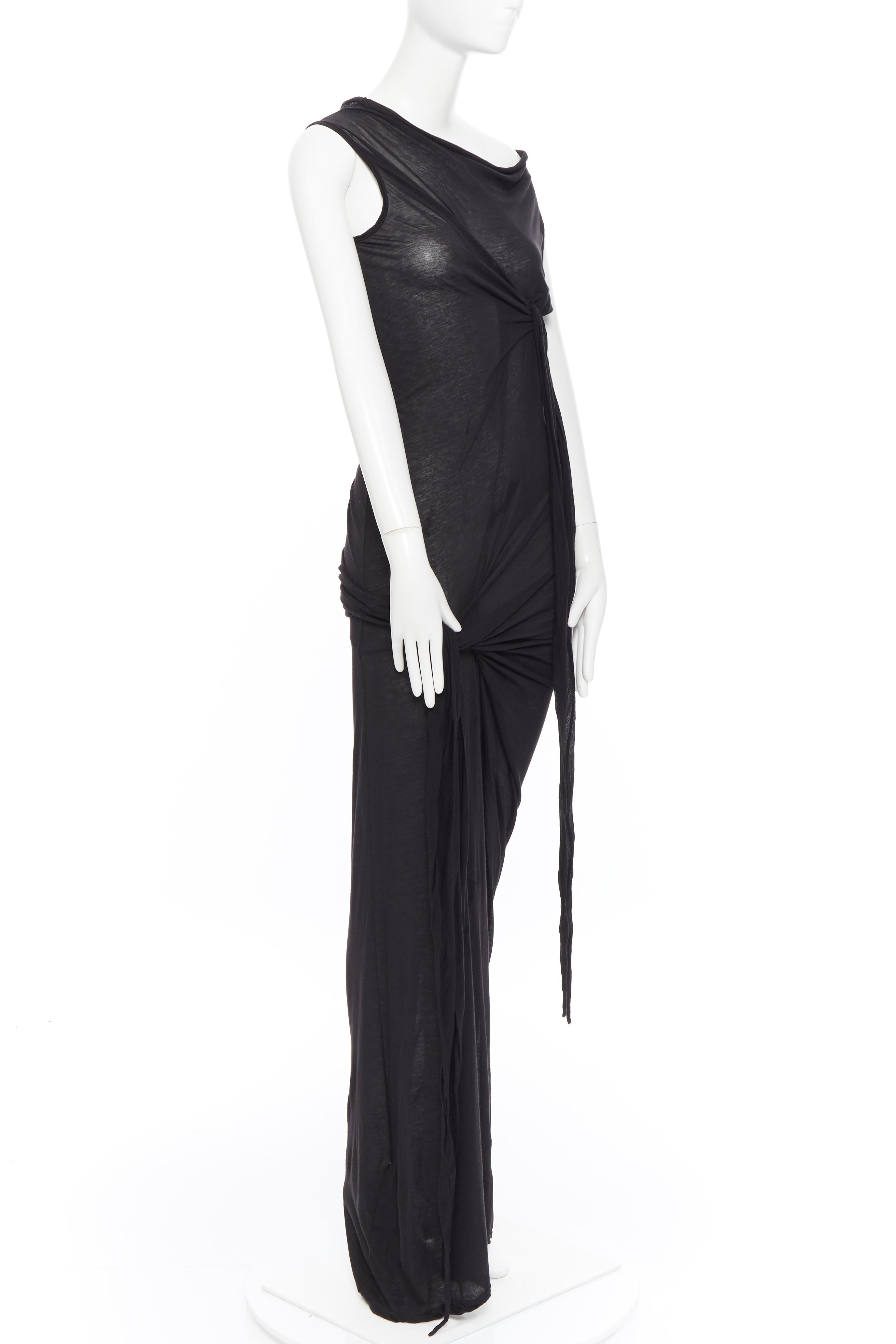 Women's new DRKSHDW RICK OWENS black cotton jersey tie knot drape bias maxi dress M