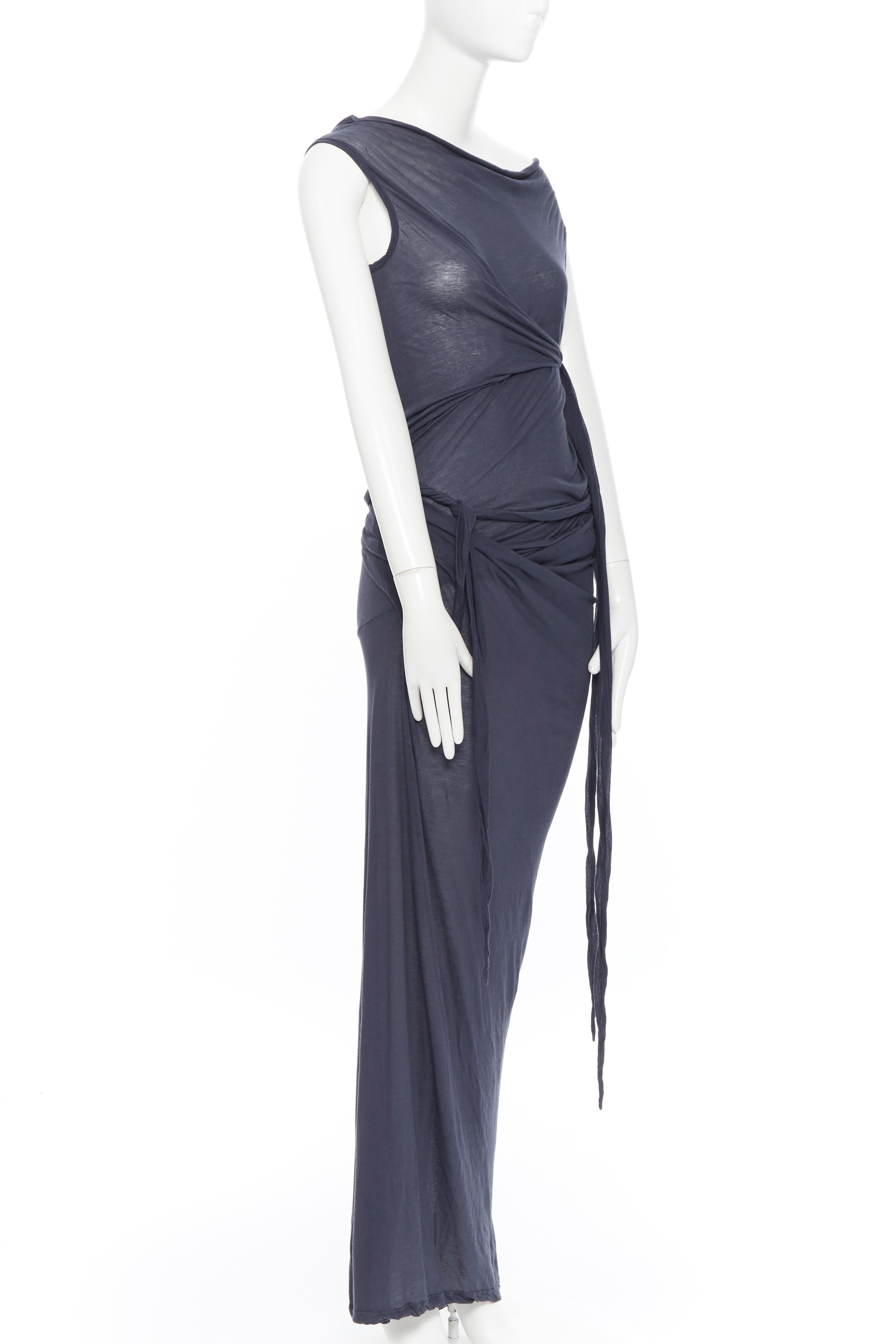 new DRKSHDW RICK OWENS navy grey cotton jersey tie knot drape bias maxi dress L In Excellent Condition In Hong Kong, NT
