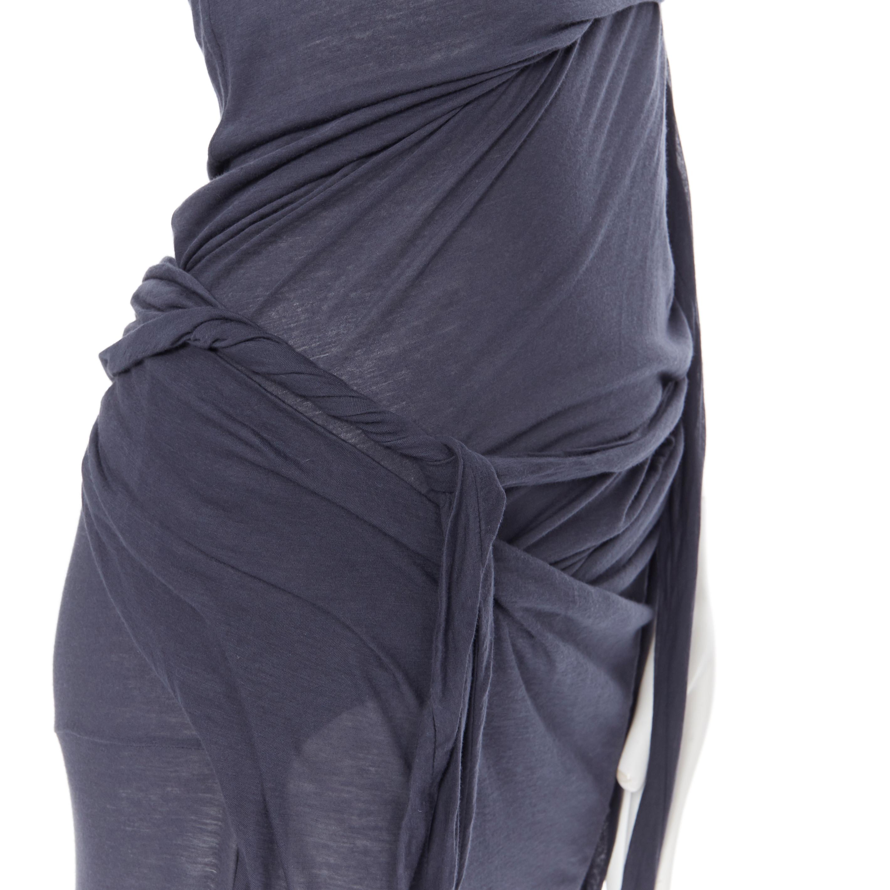 new DRKSHDW RICK OWENS navy grey cotton jersey tie knot drape bias maxi dress S 3